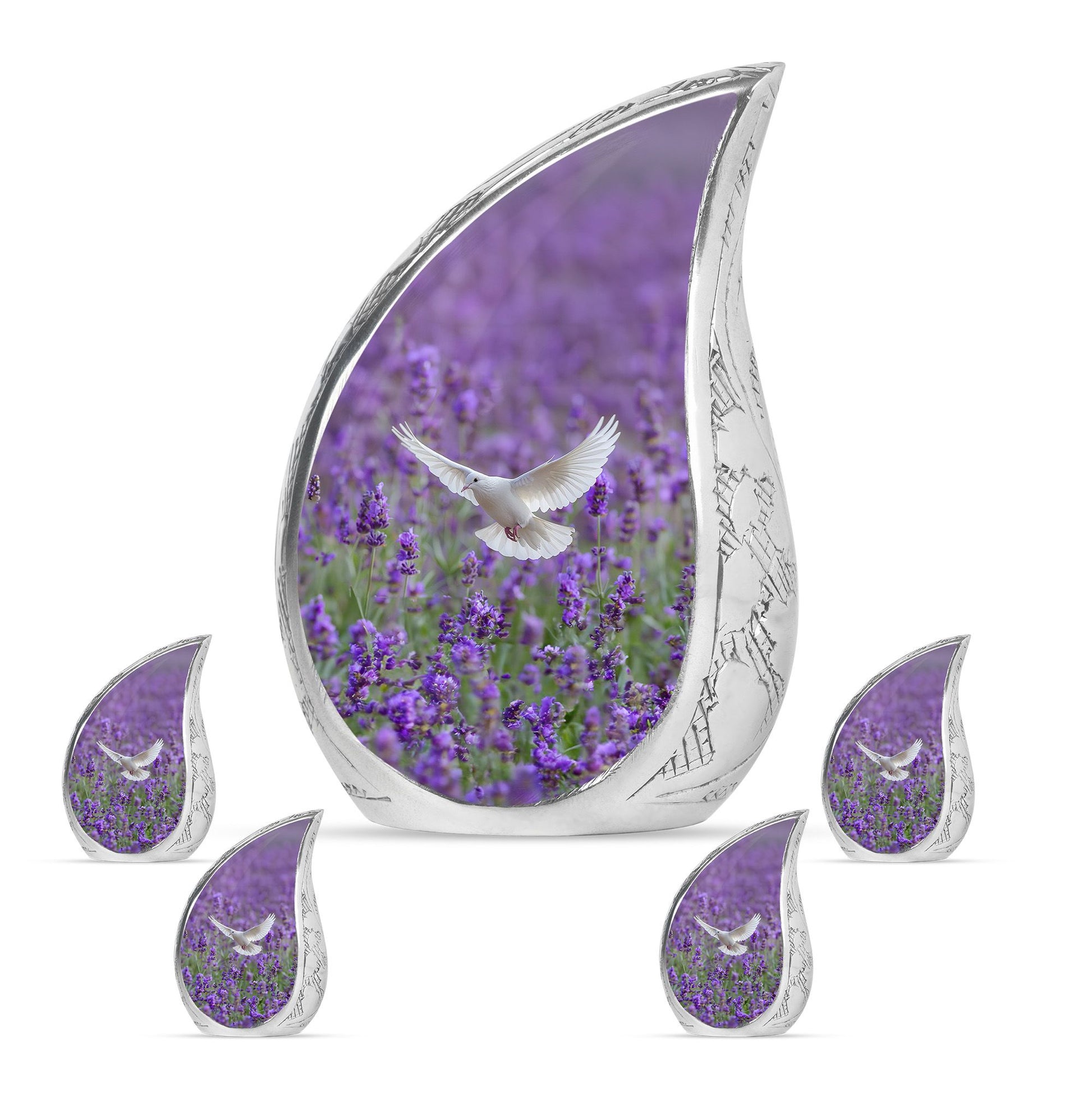 White Dove On Purple Theme Large Urn With 4 Keepsake Urn