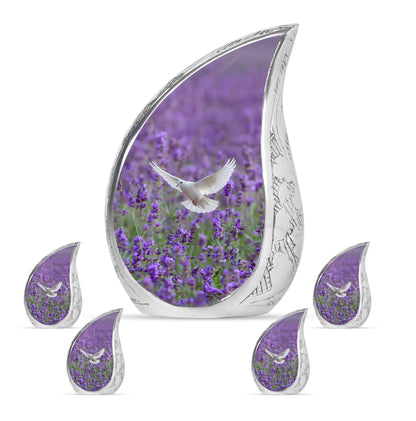 White Dove On Purple Theme Large Urn With 4 Keepsake Urn