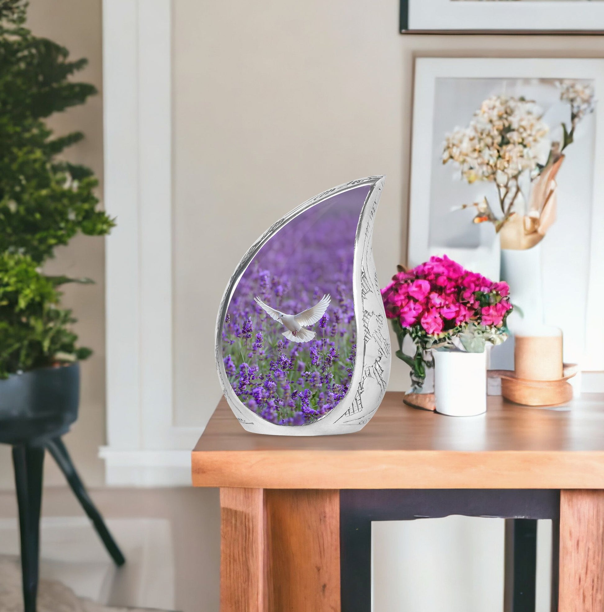 White Dove On Purple Theme Large Urn With 1 Keepsake Urn