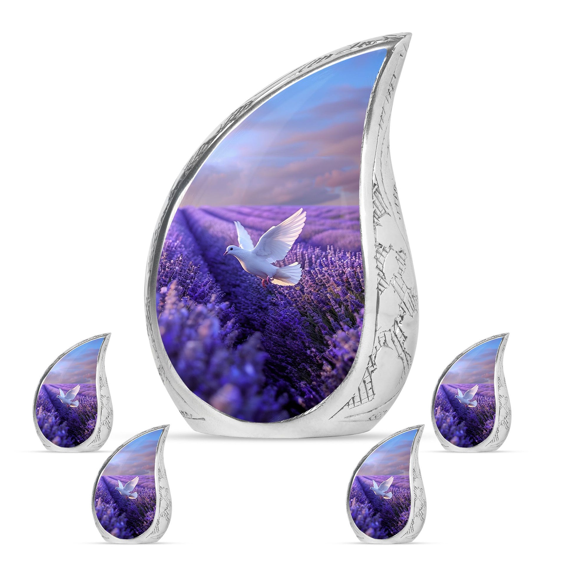 White Dove On Purple Theme Large Urn With 4 Keepsake Urn