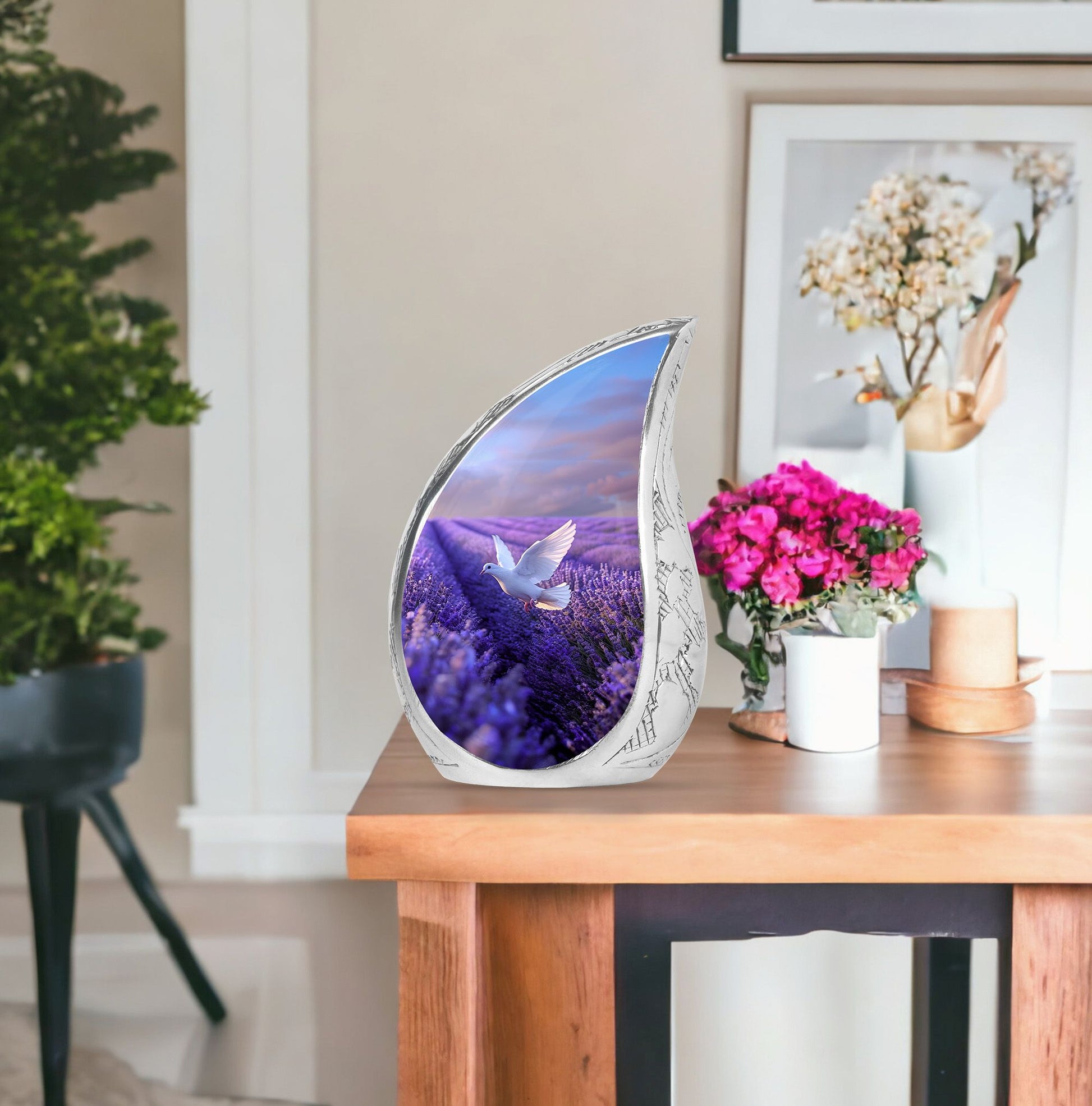 White Dove On Purple Theme Large Urn With 1 Keepsake Urn