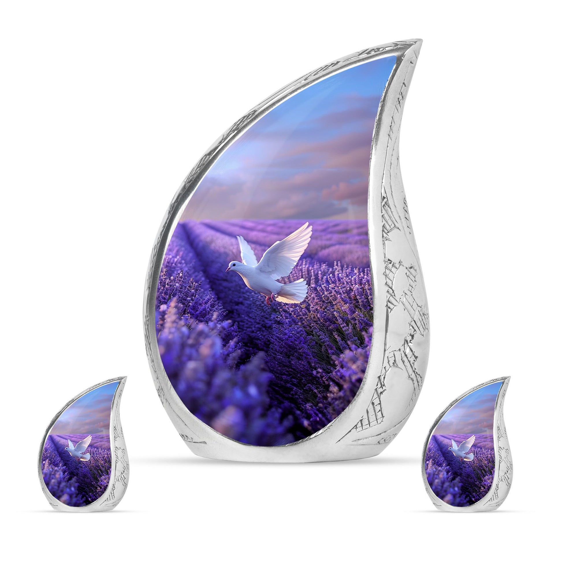 White Dove On Purple Theme Large Urn With 2 Keepsake Urn
