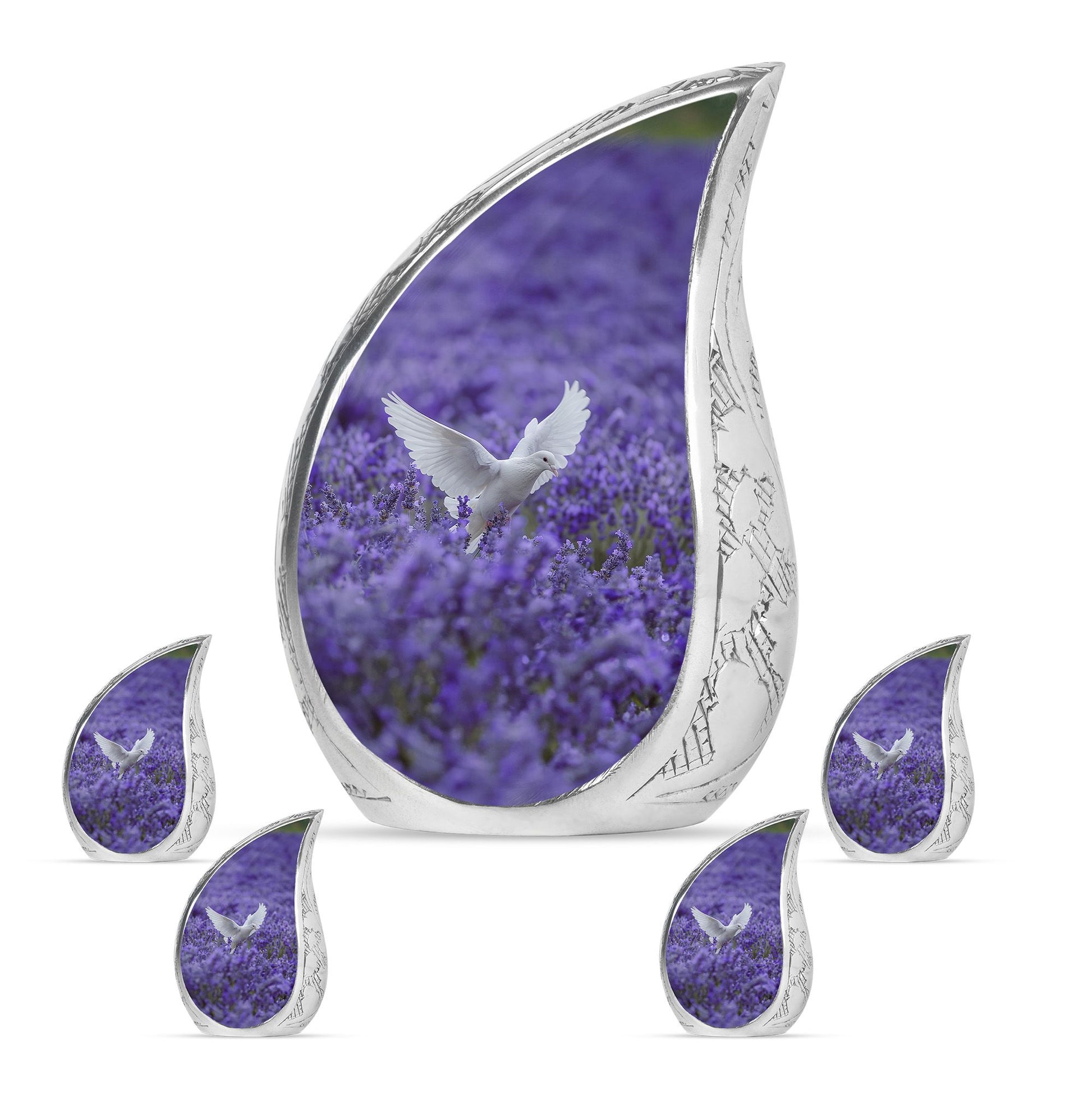White Dove On Purple Theme Large Urn With 4 Keepsake Urn