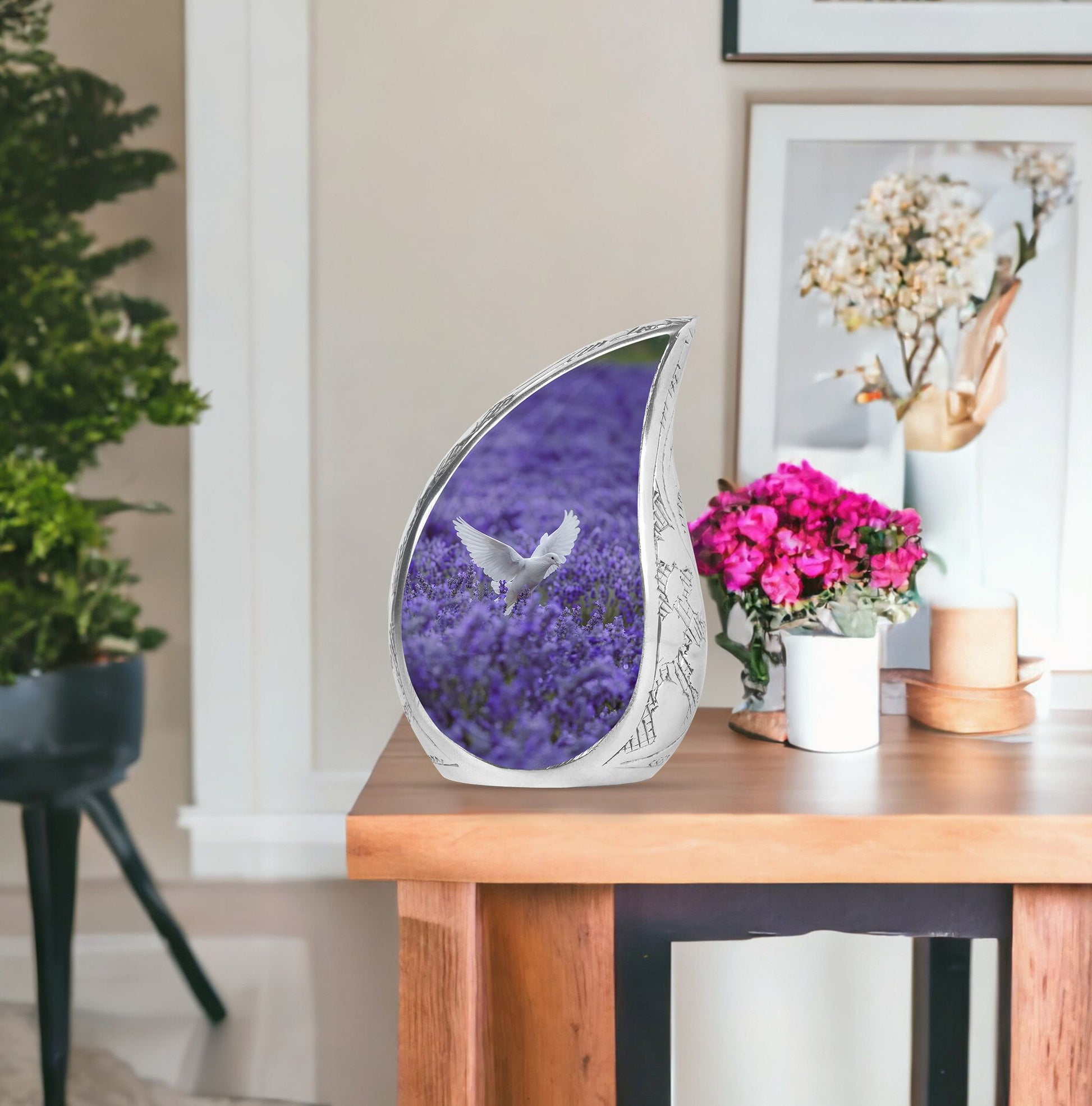 White Dove On Purple Theme Large Urn With 1 Keepsake Urn