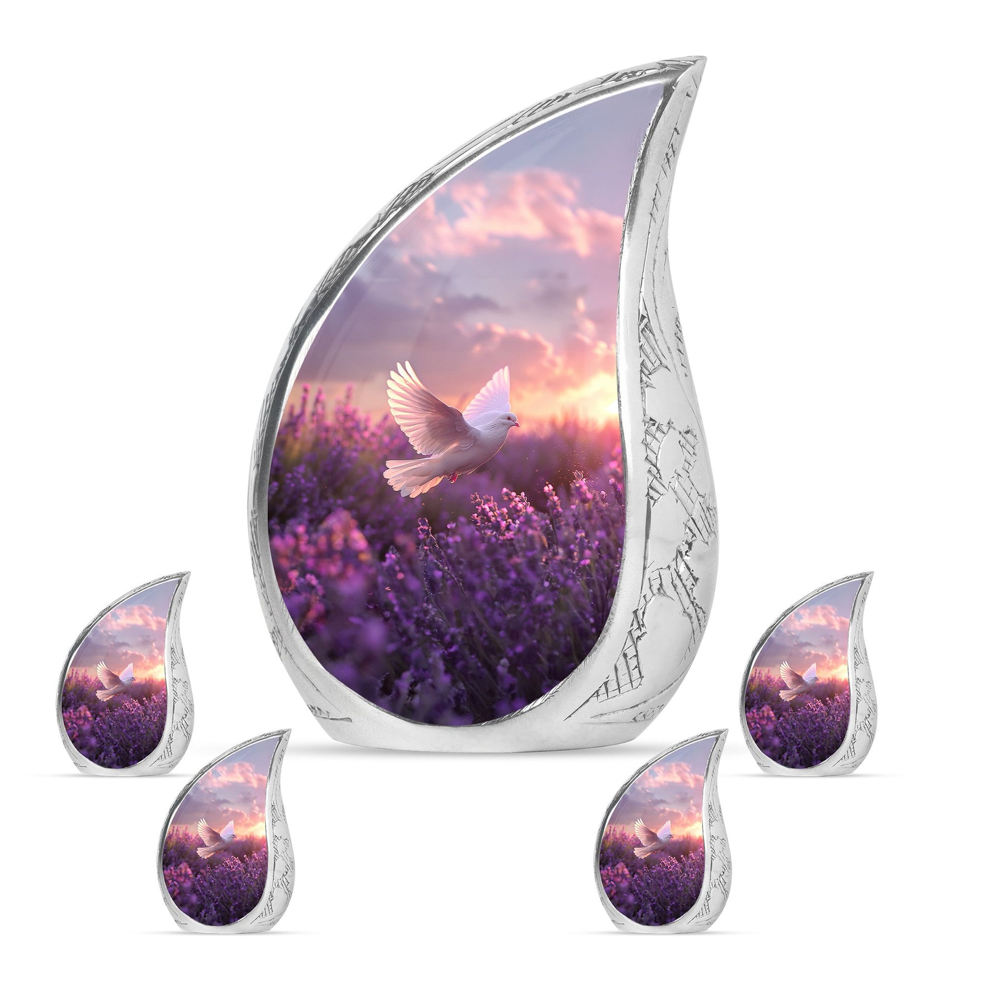 White Dove On Purple Theme Large Urn With 4 Keepsake Urn