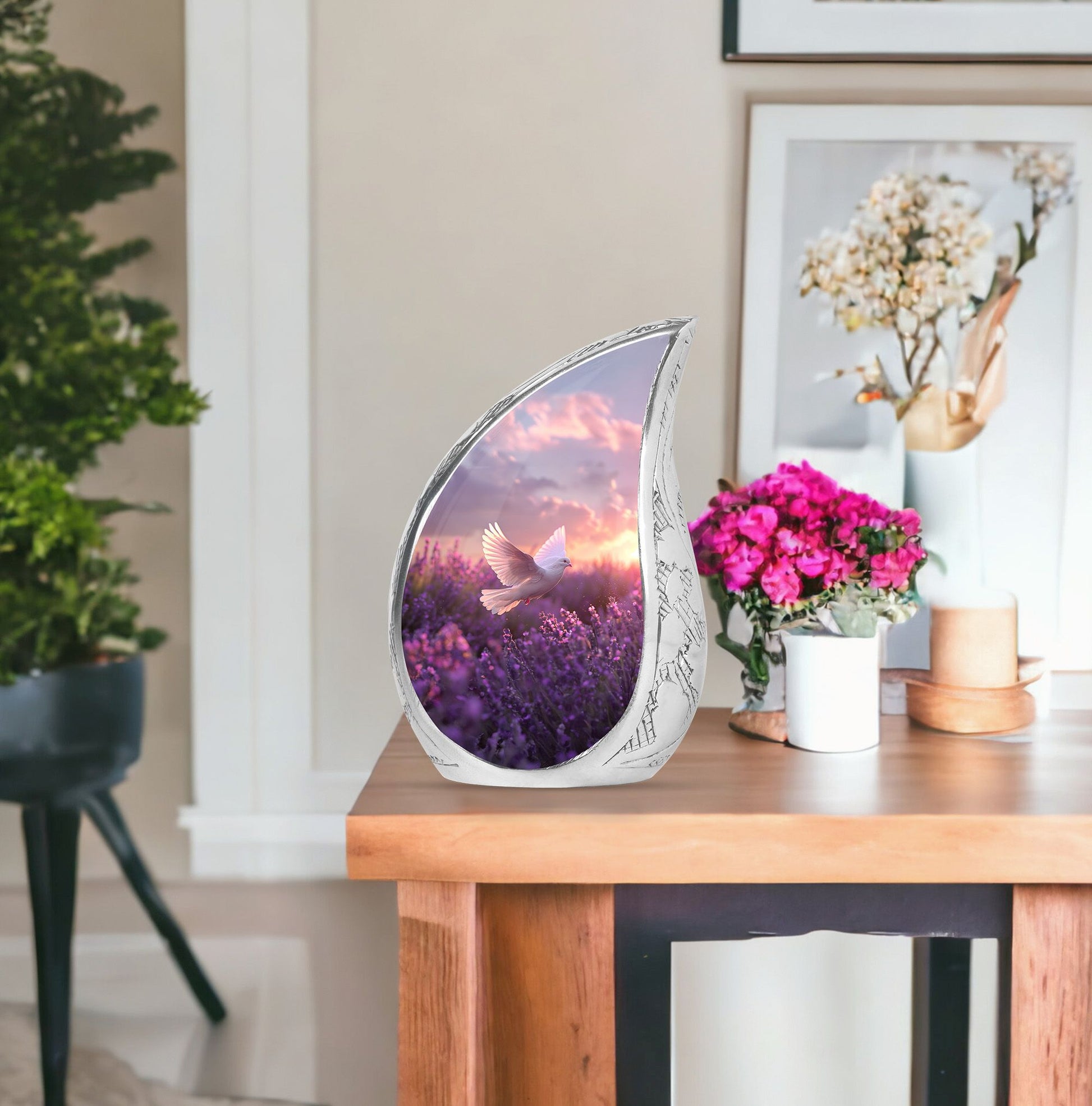 White Dove On Purple Theme Large Urn With 1 Keepsake Urn