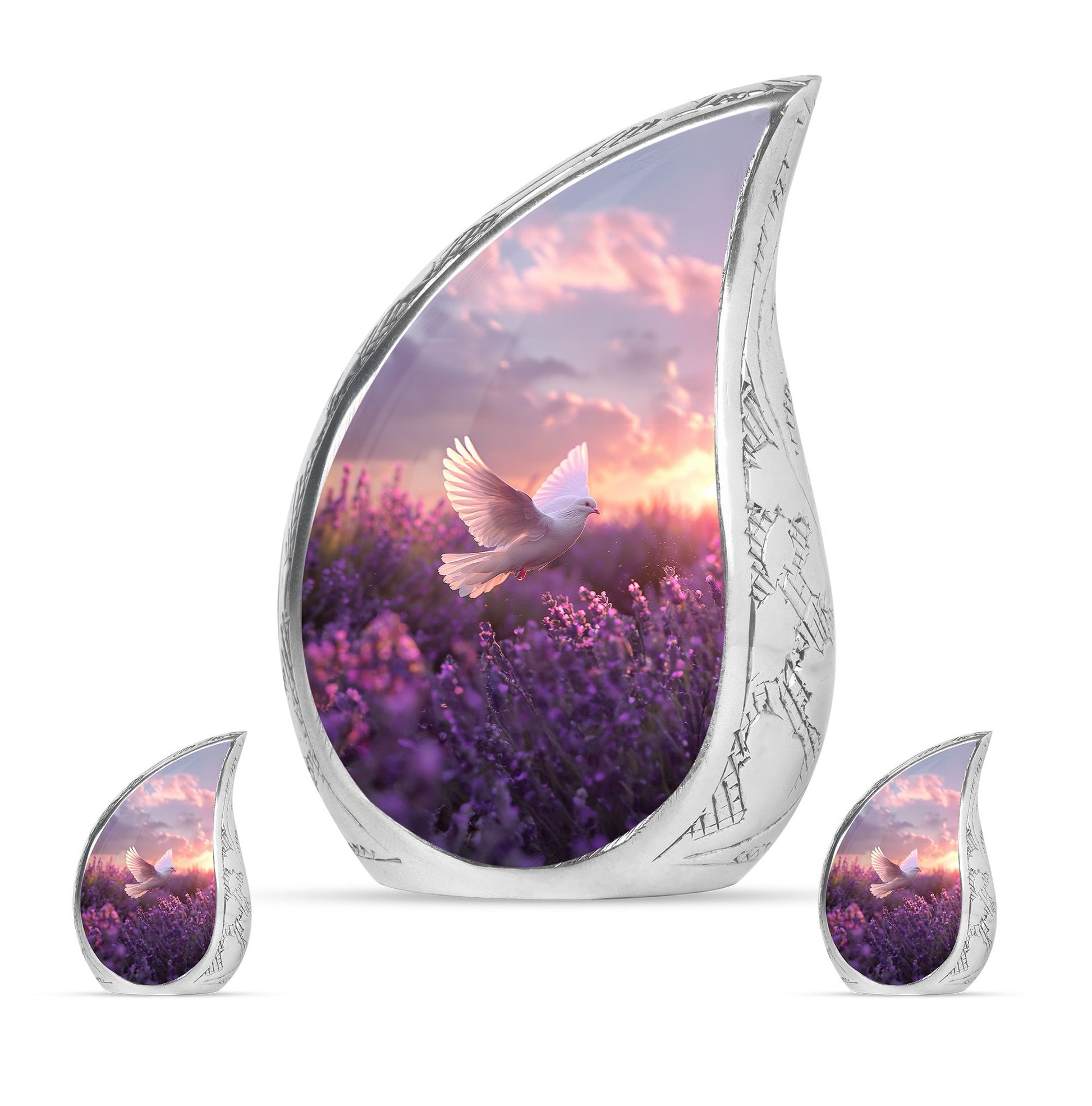 White Dove On Purple Theme Large Urn With 2 Keepsake Urn