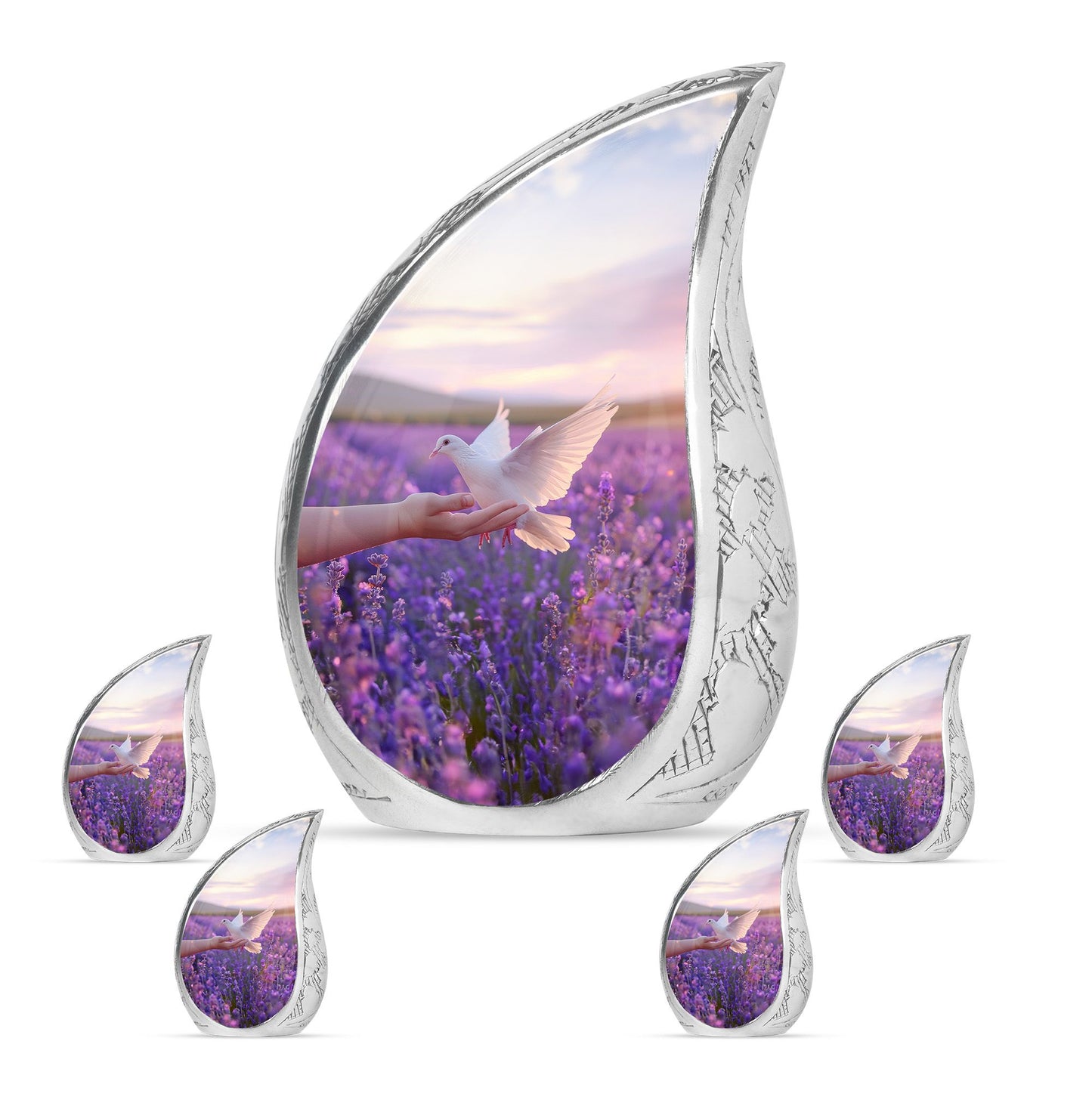 White Dove On Purple Theme Large Urn With 4 Keepsake Urn