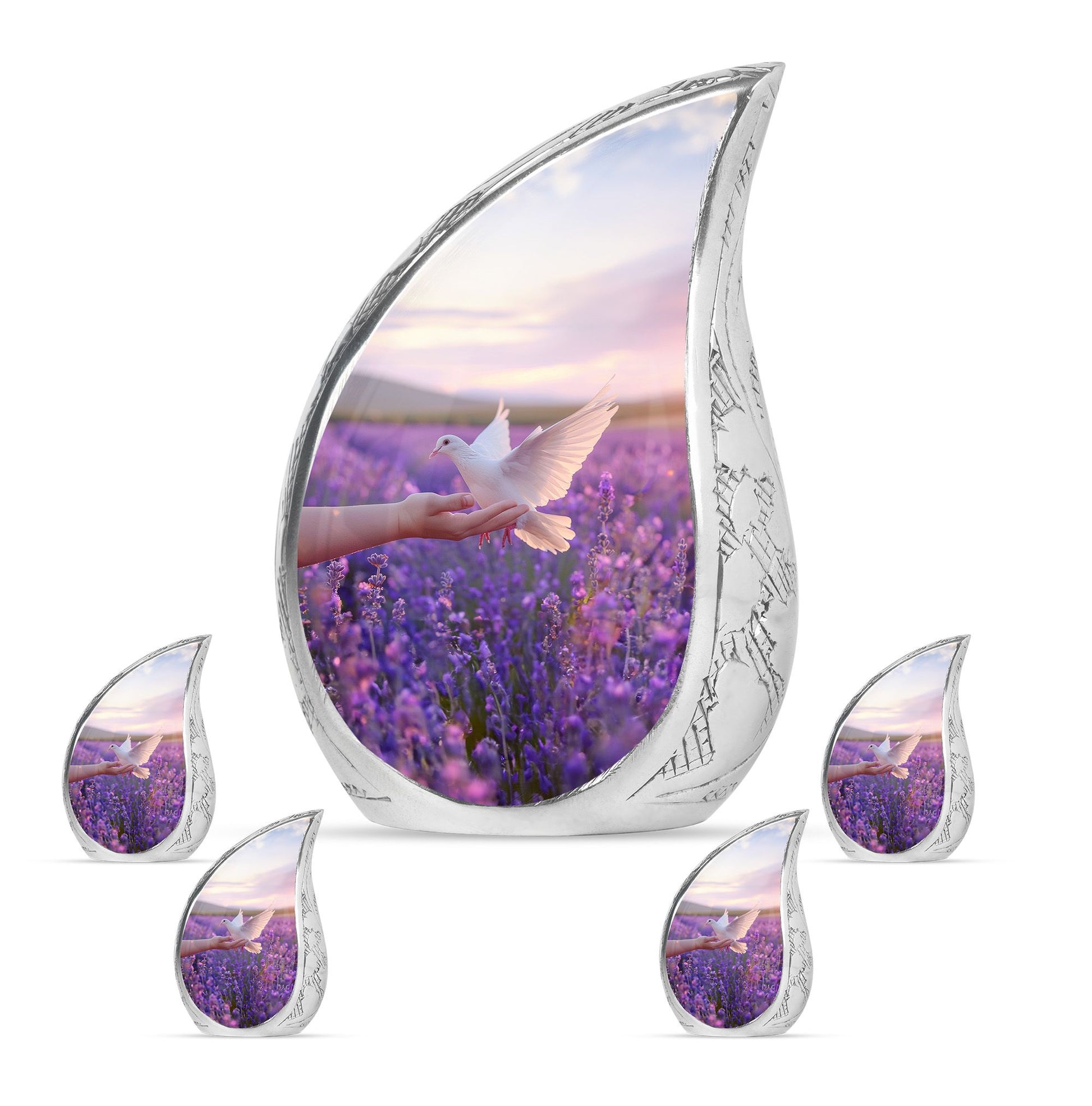White Dove On Purple Theme Large Urn With 4 Keepsake Urn