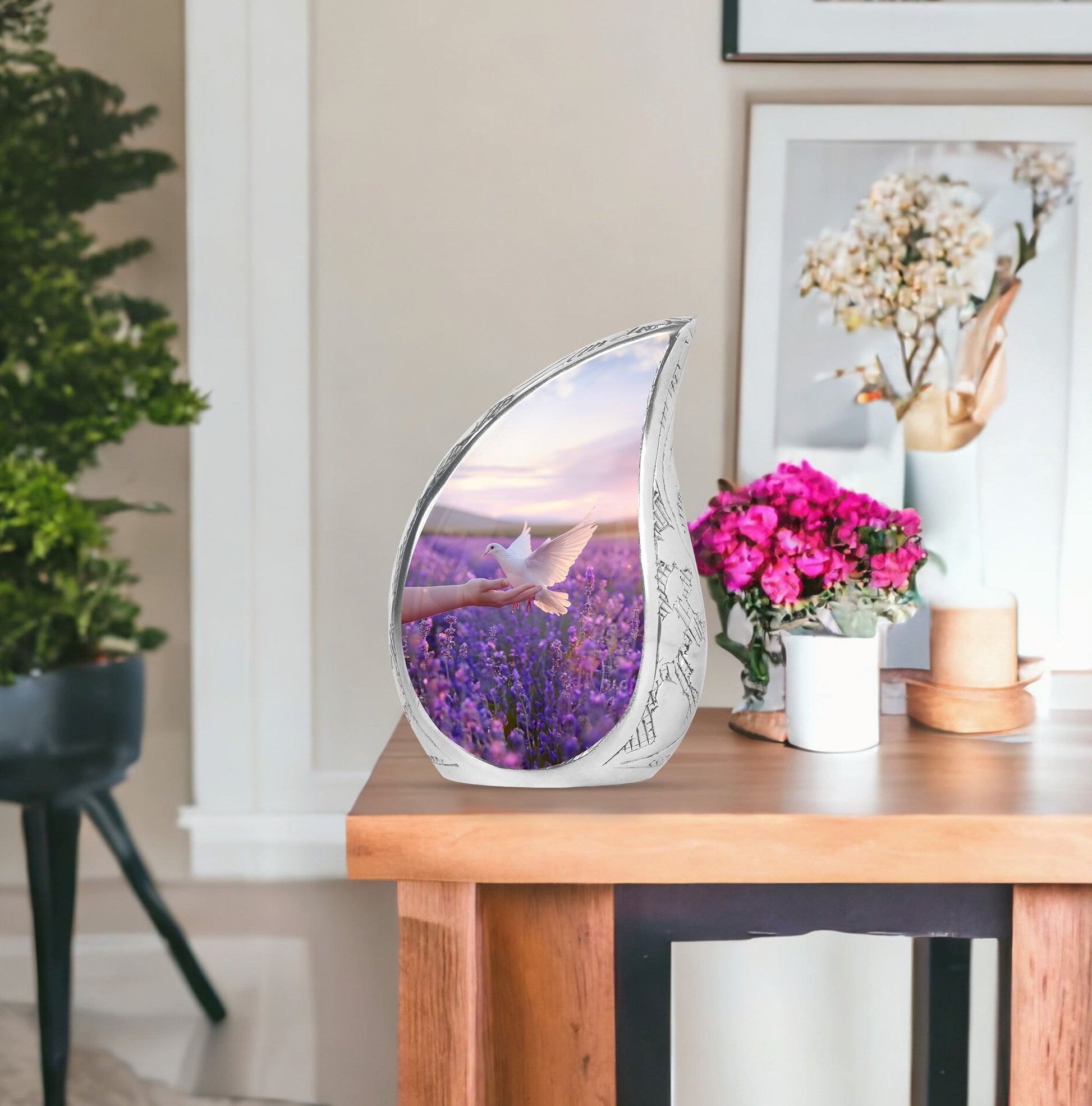 White Dove On Purple Theme Large Urn With 1 Keepsake Urn