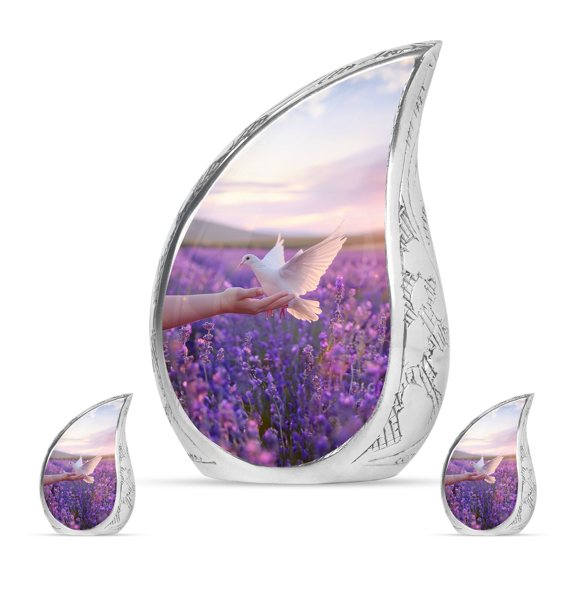 White Dove On Purple Theme Large Urn With 2 Keepsake Urn