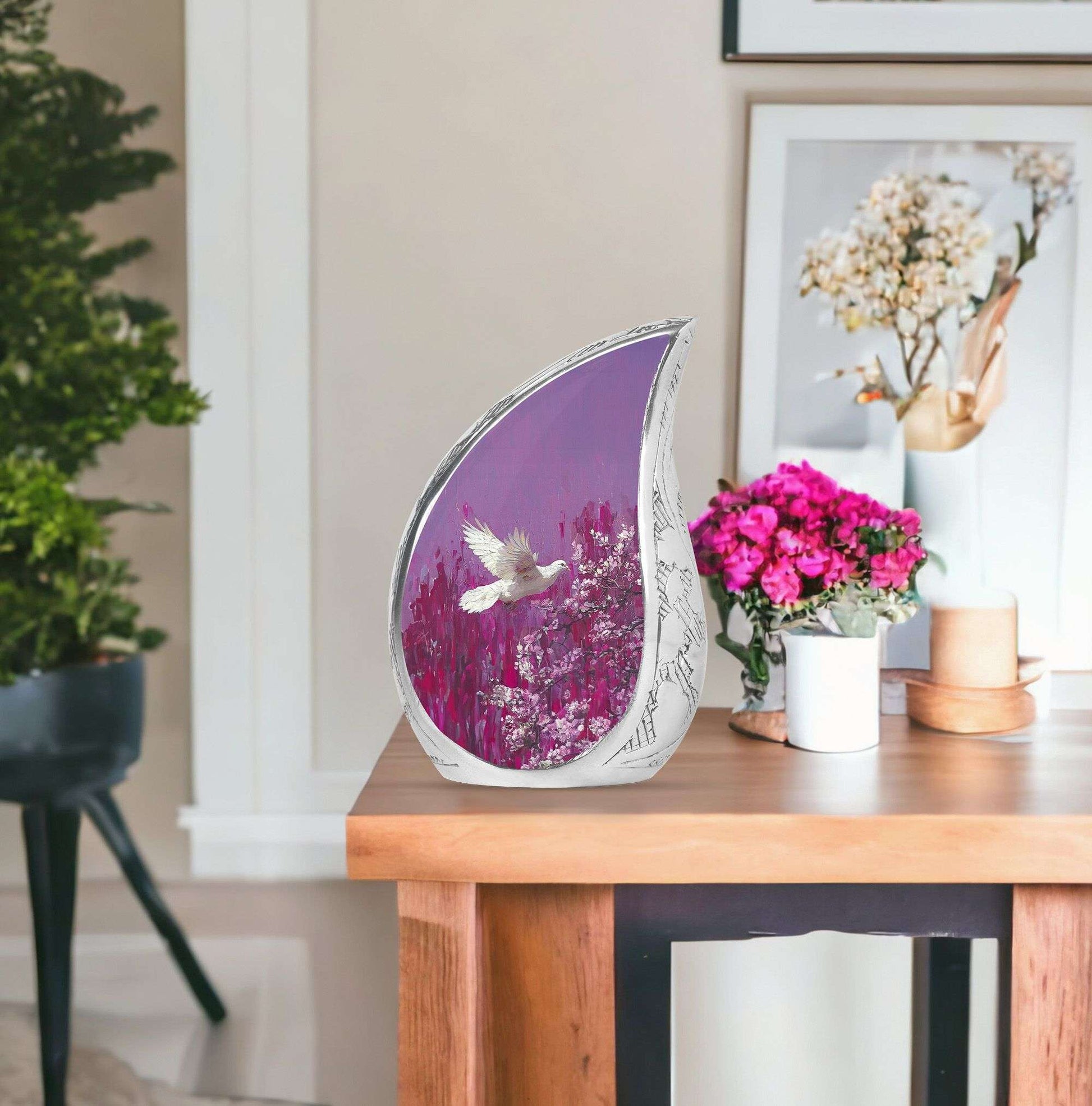 White Dove On Purple Theme Large Urn With 1 Keepsake Urn