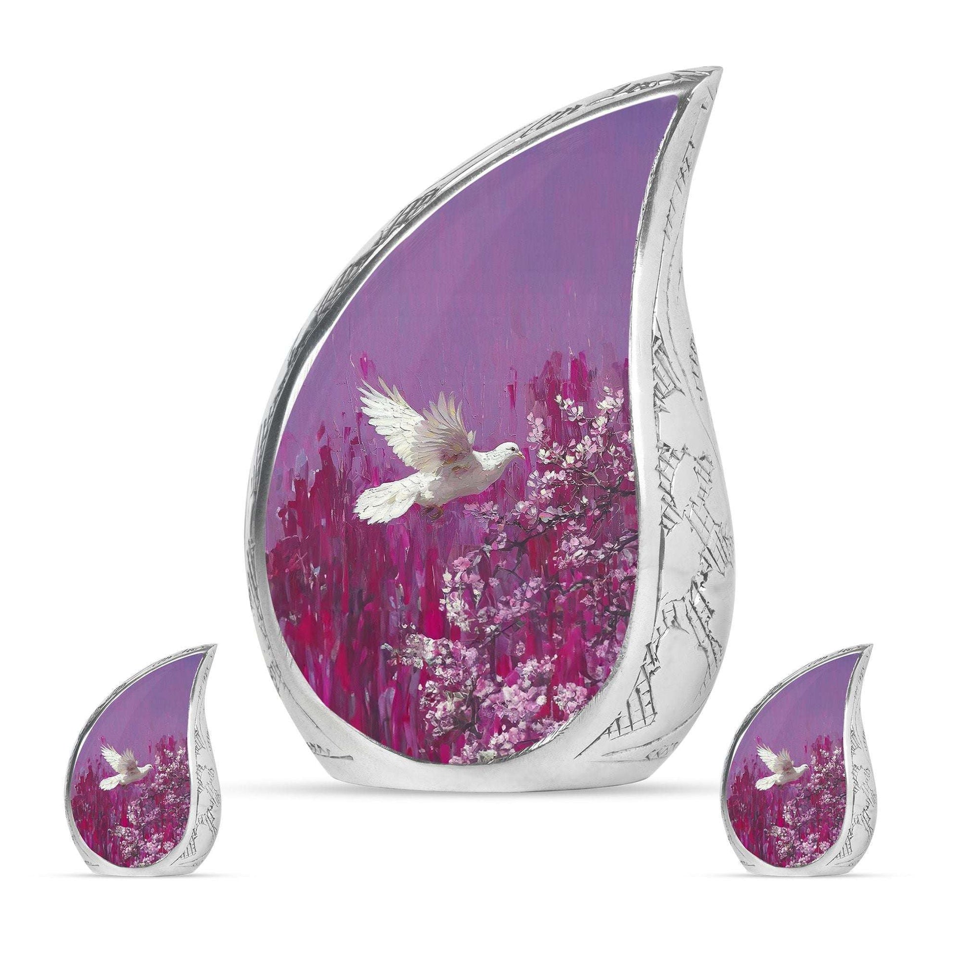 White Dove On Purple Theme Large Urn With 2 Keepsake Urn