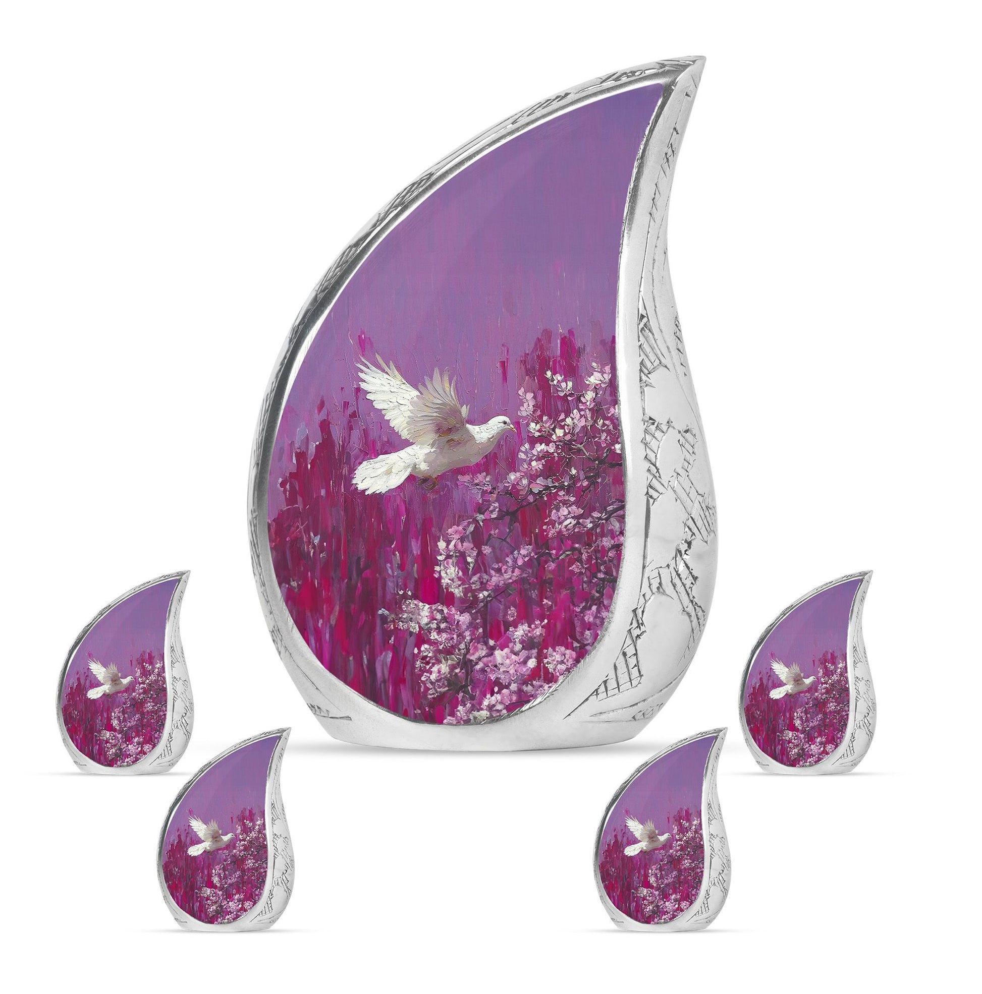 White Dove On Purple Theme Large Urn With 4 Keepsake Urn