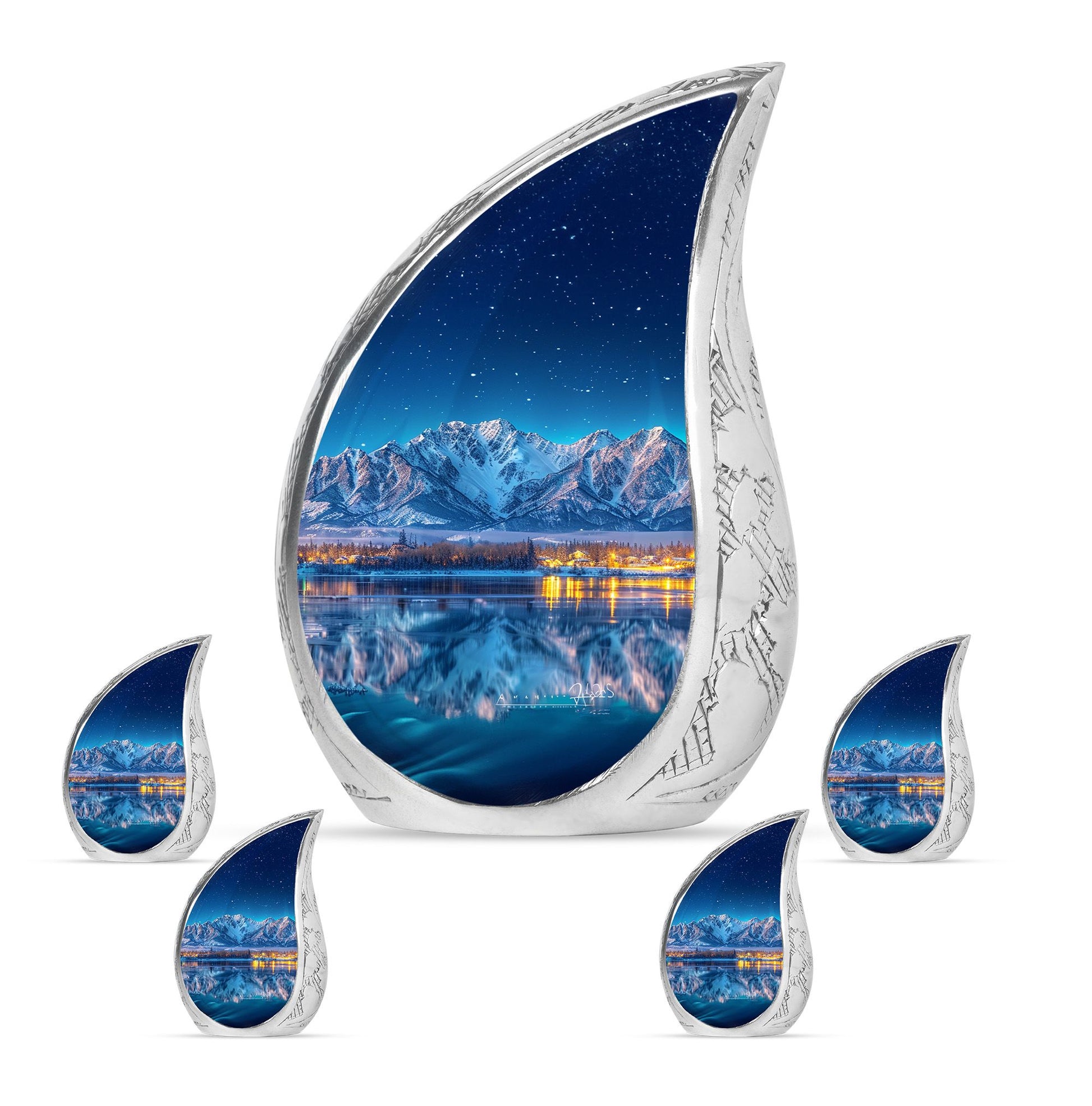 Aurora Borealis Theme Large Urn With 4 Keepsake Urn