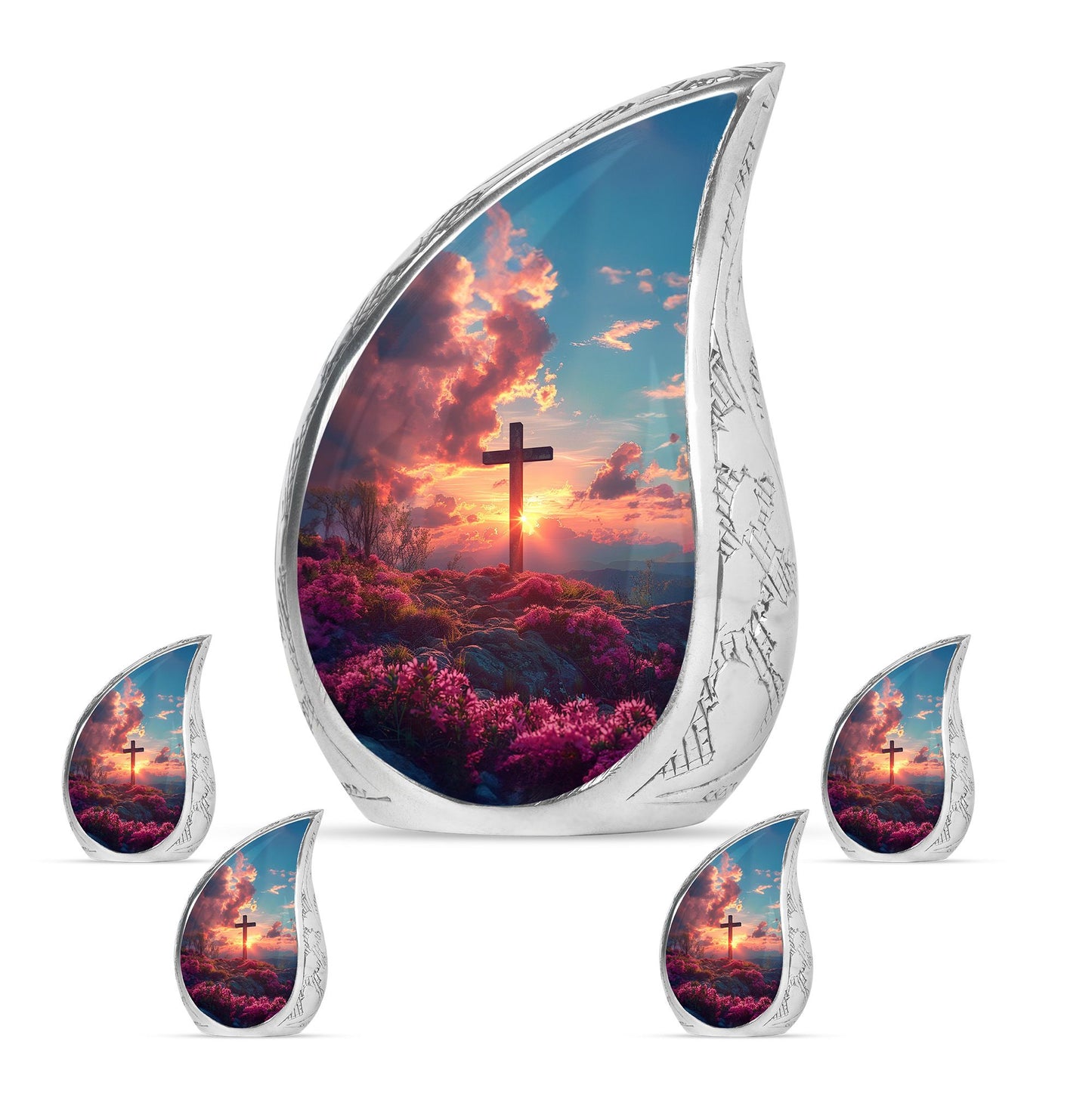 Cross Theme Large Urn With 4 Keepsake Urn