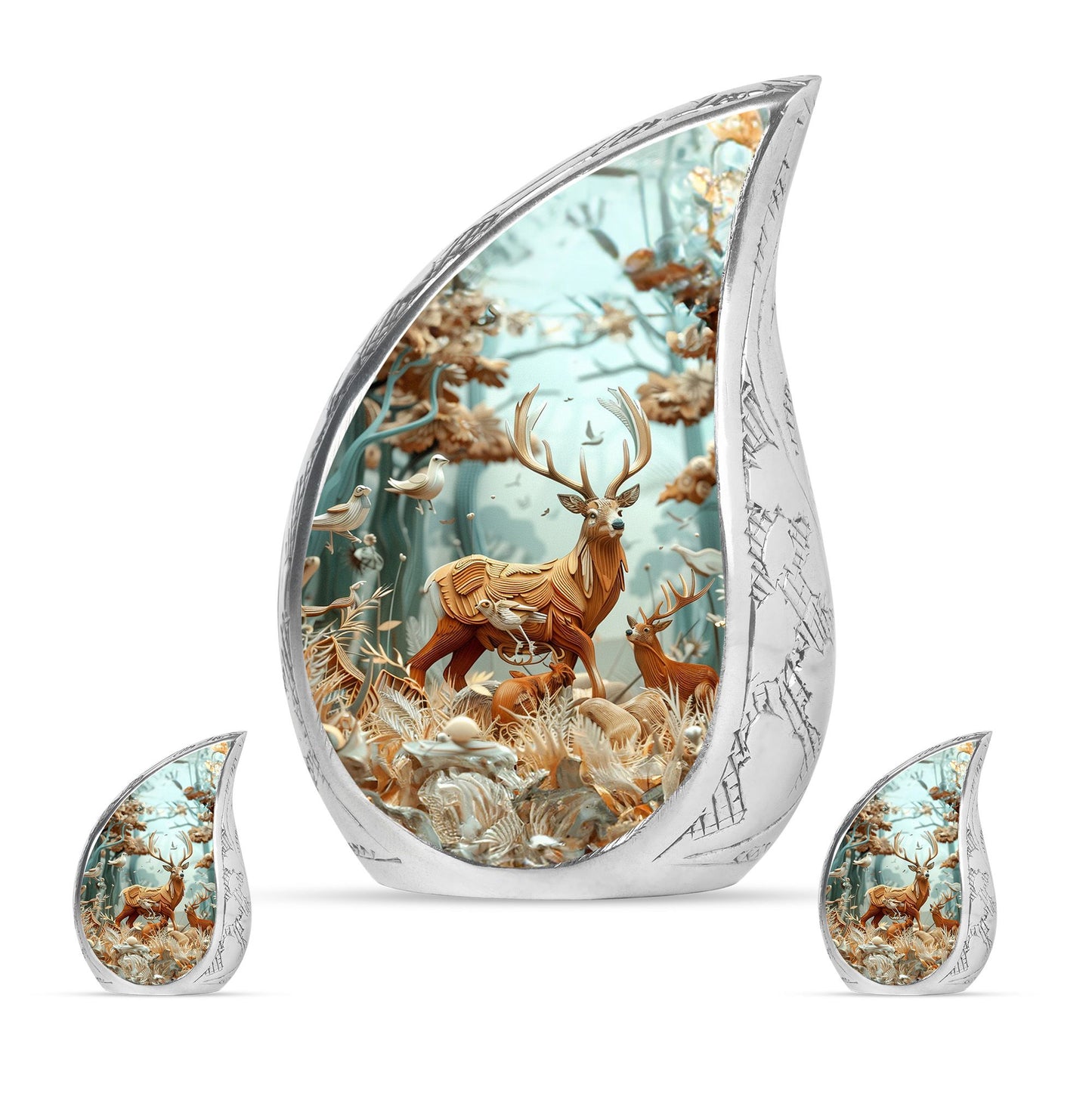 Deer Family Theme Large Urn With 2 Keepsake Urn