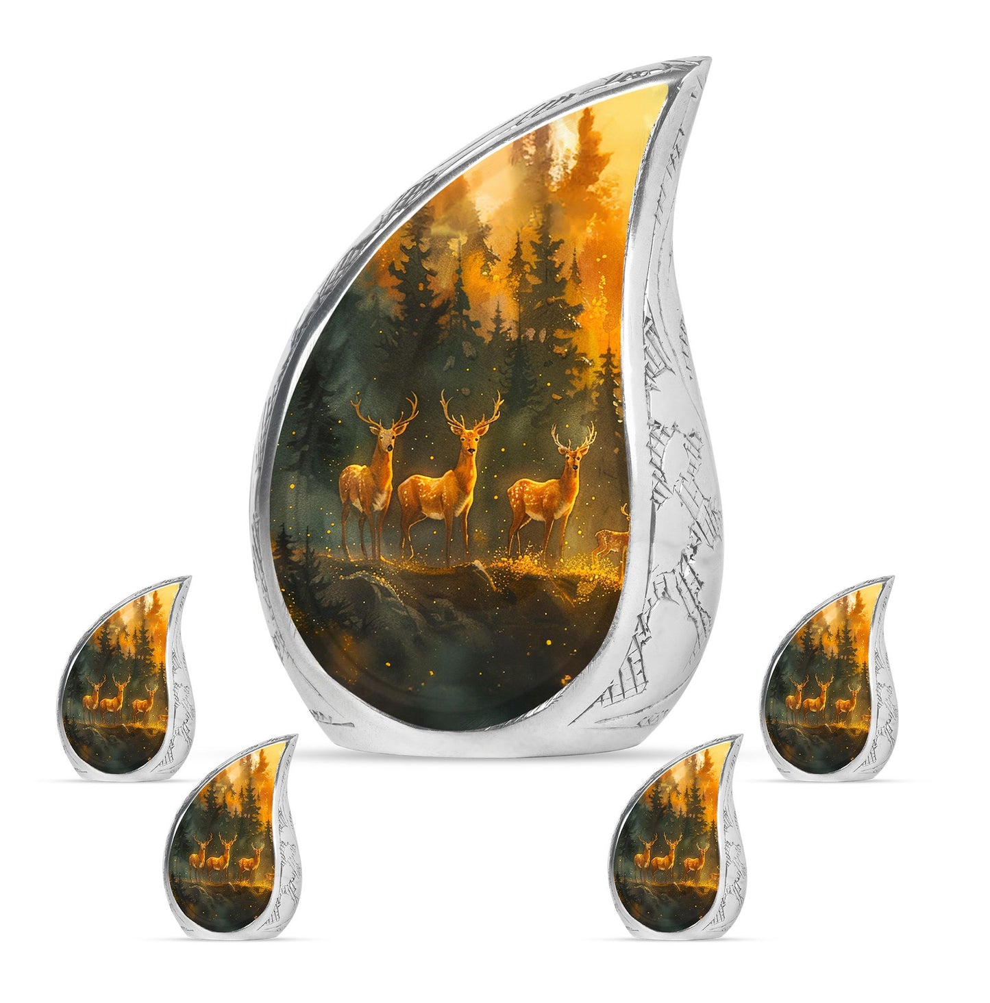 Deer Family Theme Large Urn With 4 Keepsake Urn