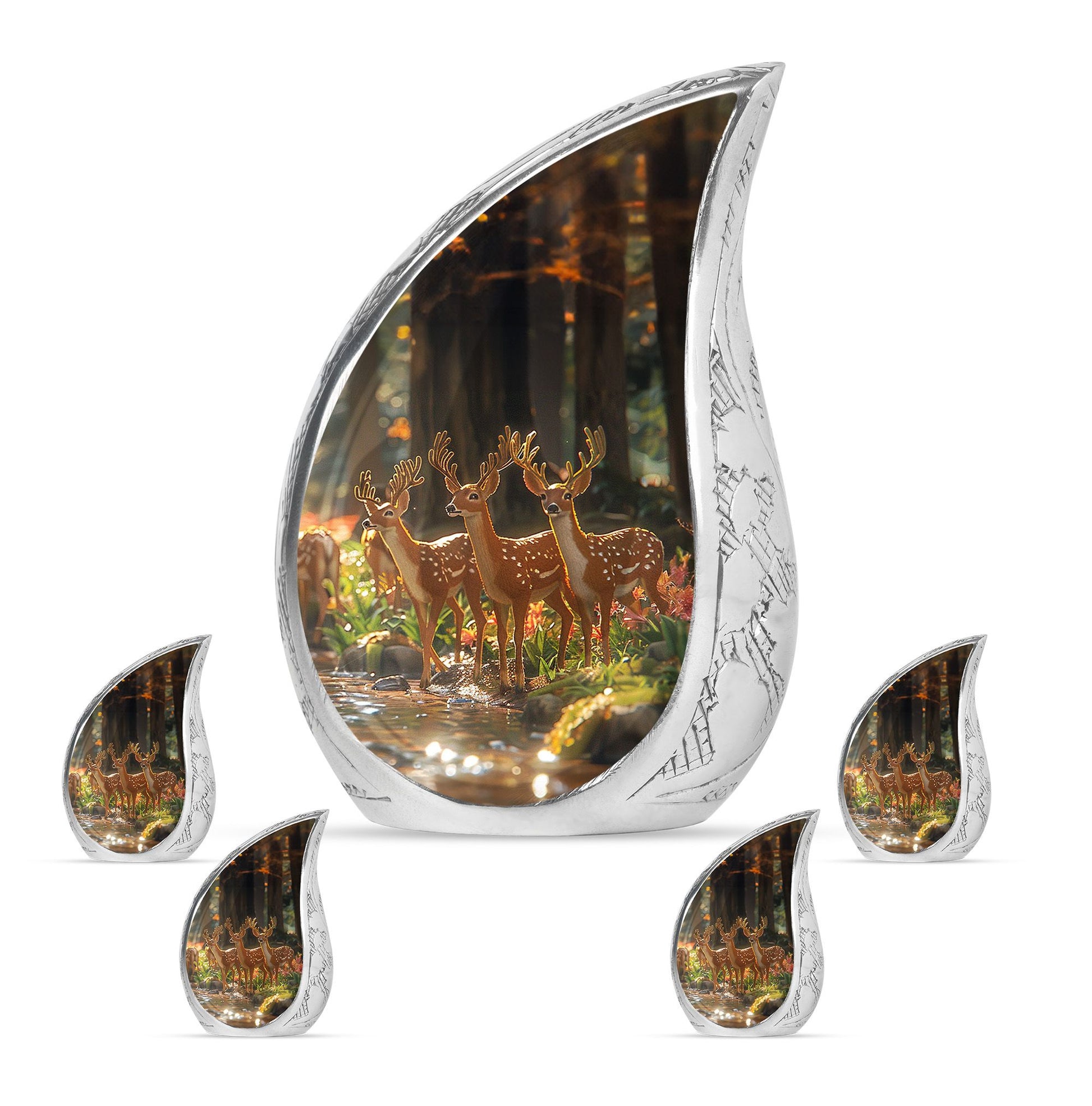 Deer Family Theme Large Urn With 4 Keepsake Urn