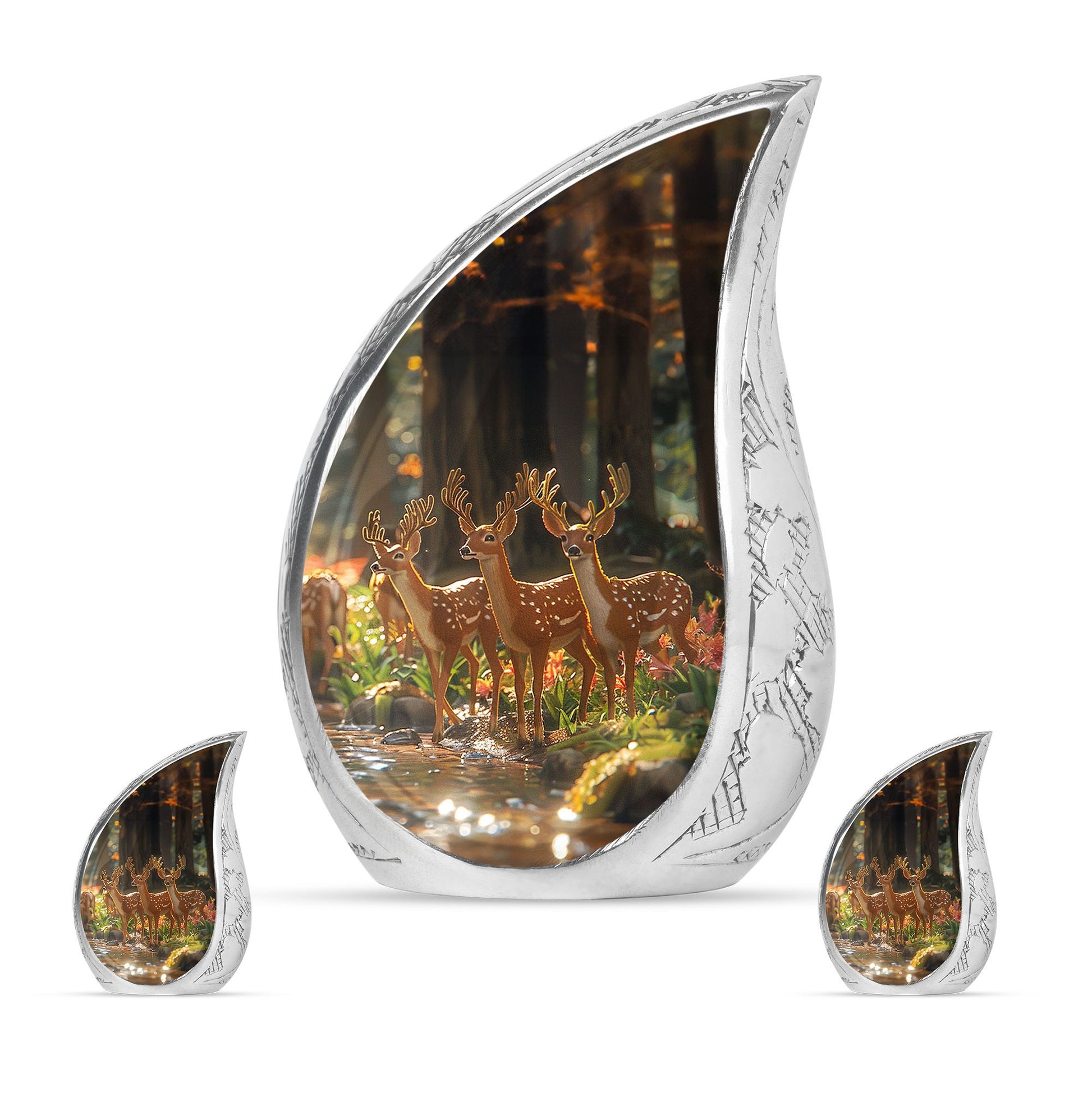 Deer Family Theme Large Urn With 2 Keepsake Urn