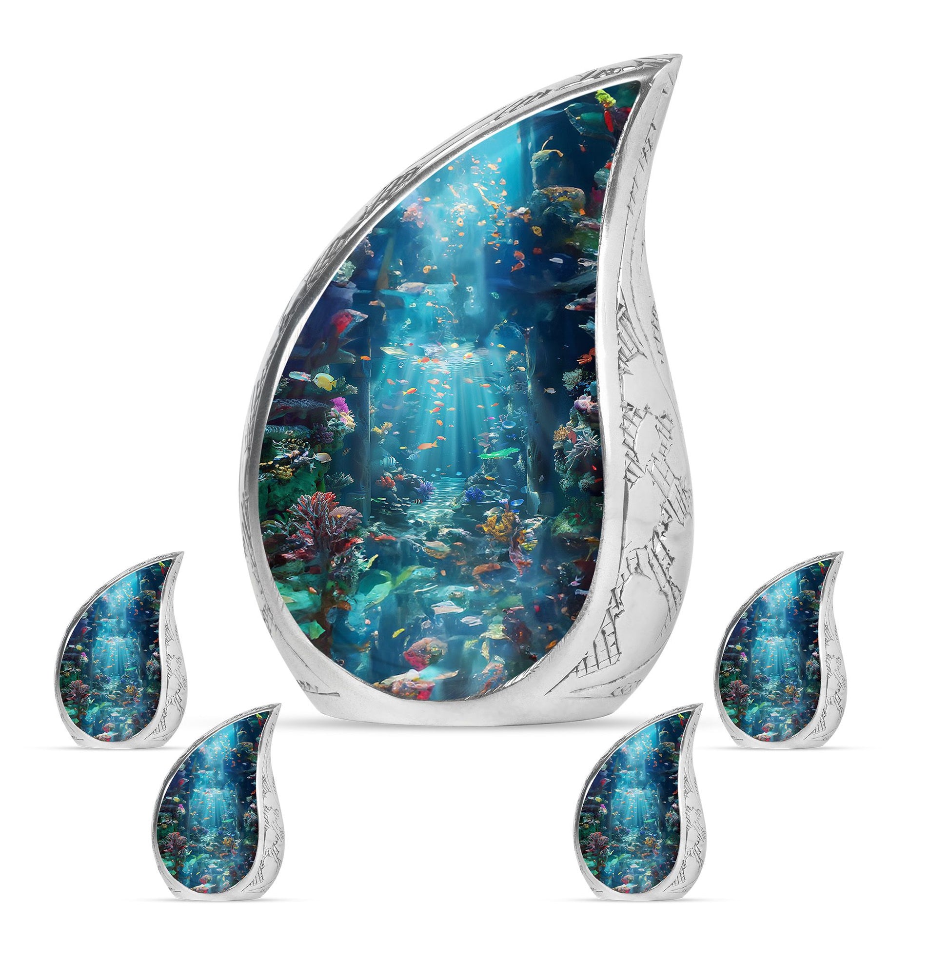 Fish Theme Large Urn With 4 Keepsake Urn