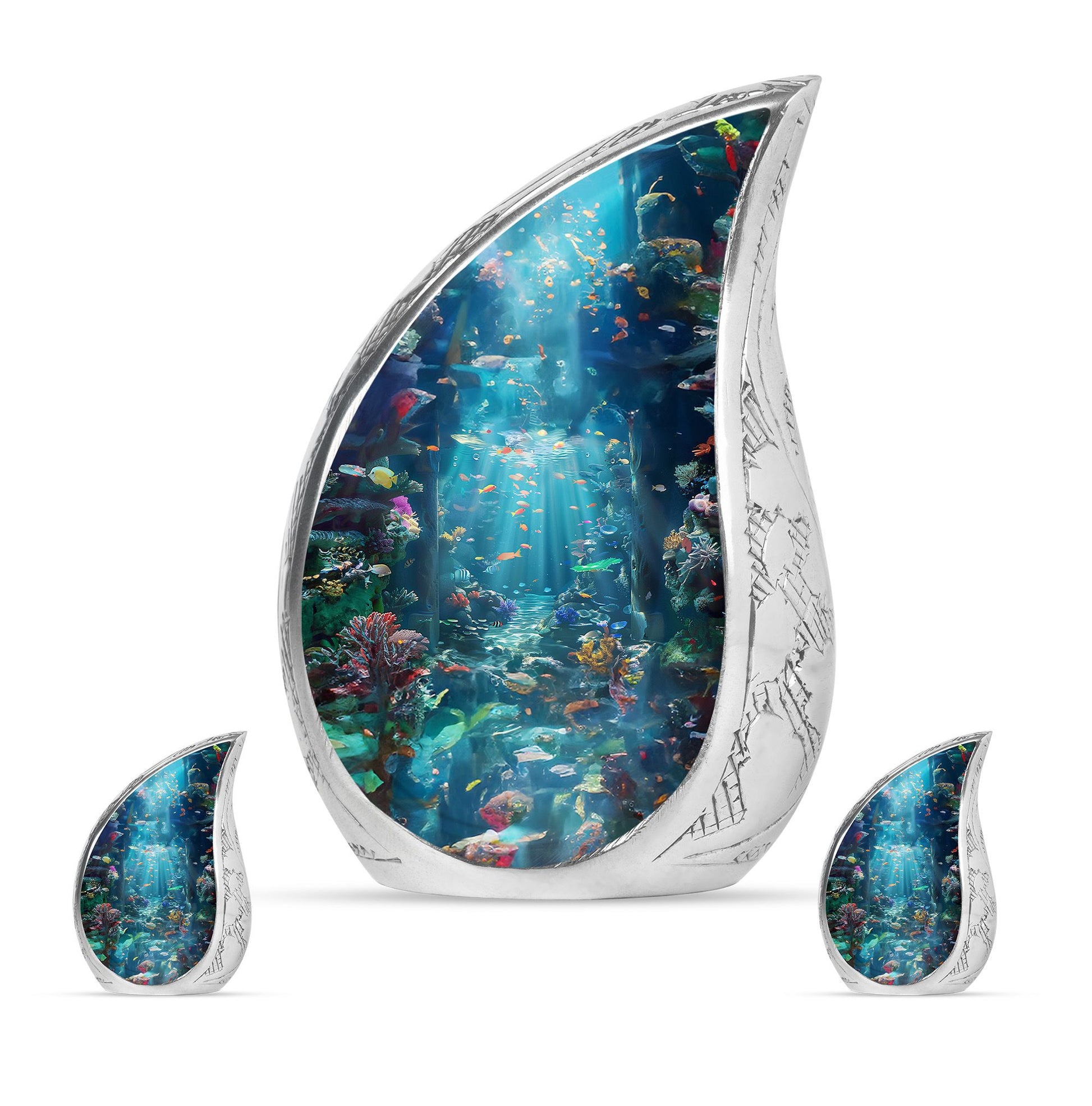 Fish Theme Large Urn With 2 Keepsake Urn