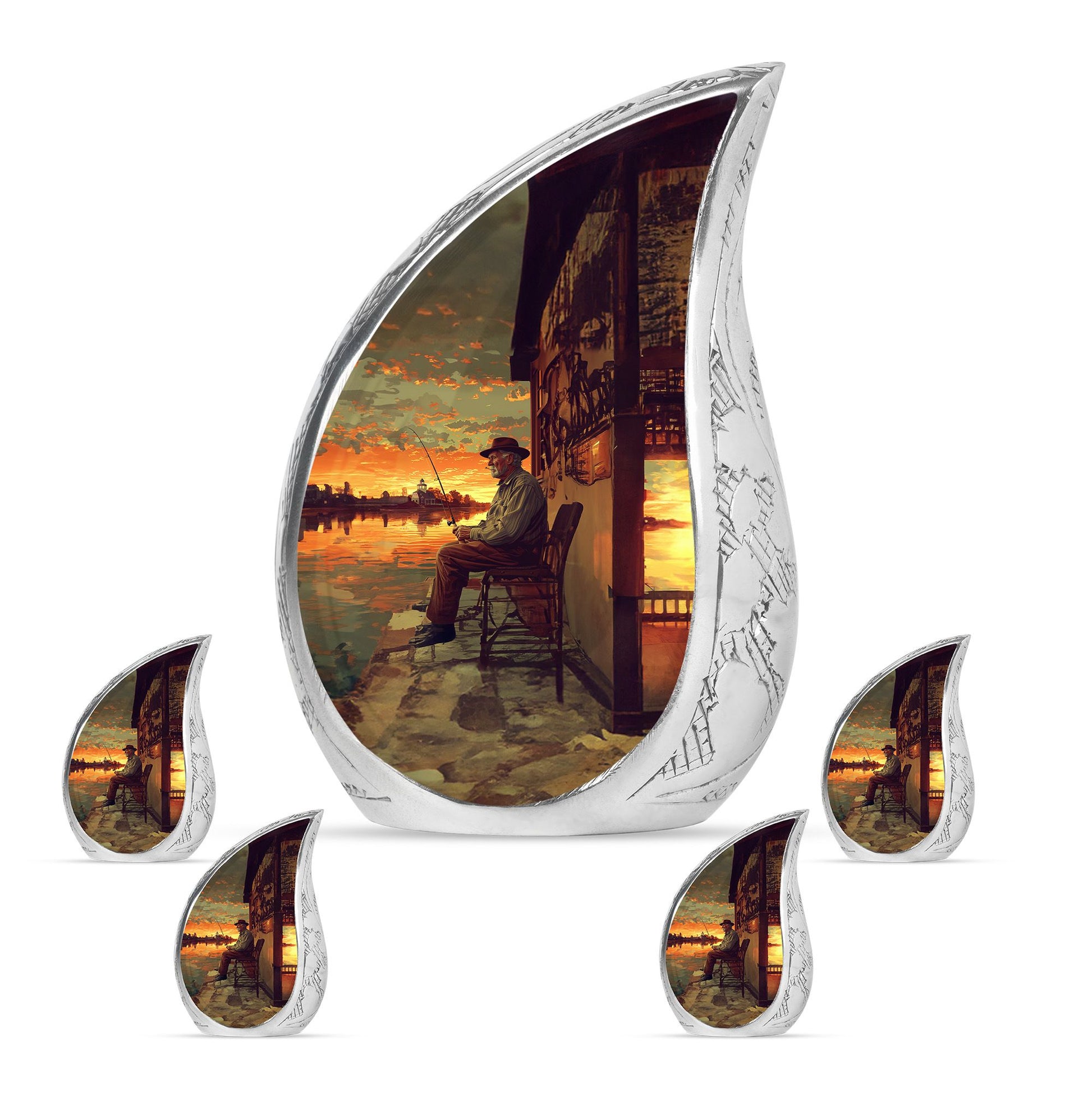 Fishing Theme Large Urn With 4 Keepsake Urn