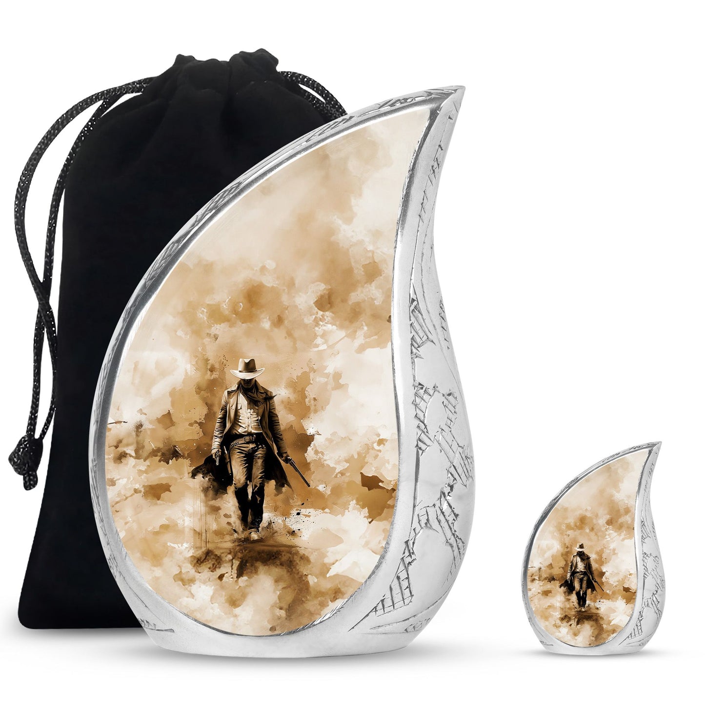 Cowboy Theme Large Urn With 1 Keepsake Urn