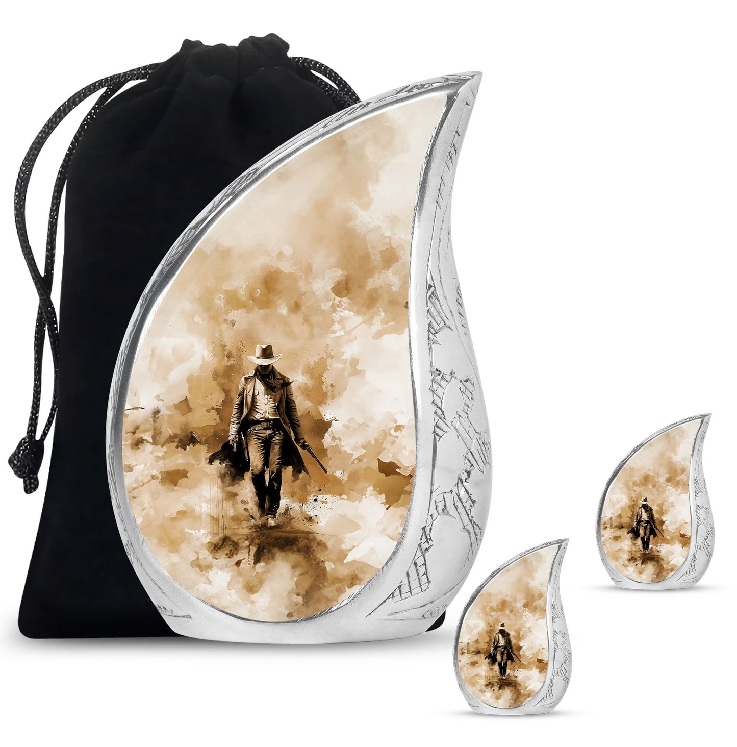 Cowboy Theme Large Urn With 2 Keepsake Urn