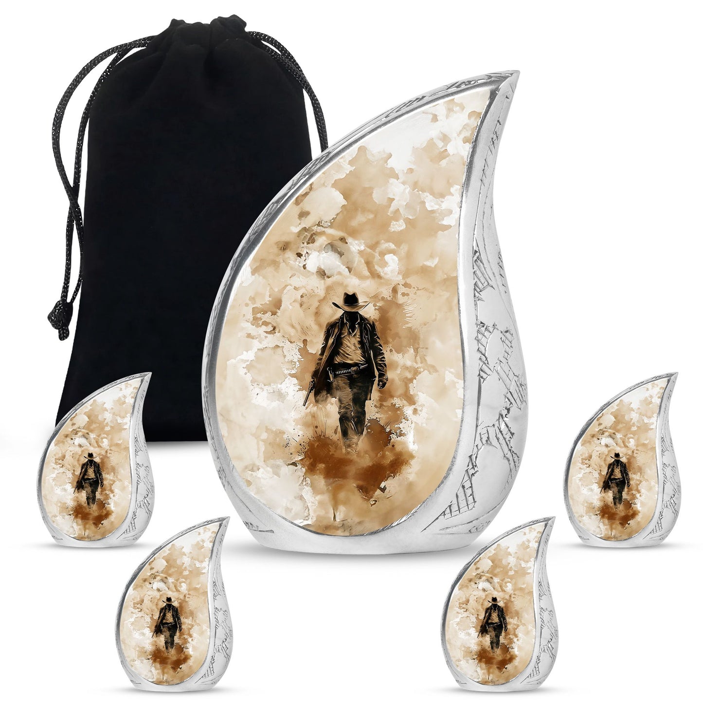 Cowboy Theme Large Urn With 4 Keepsake Urn