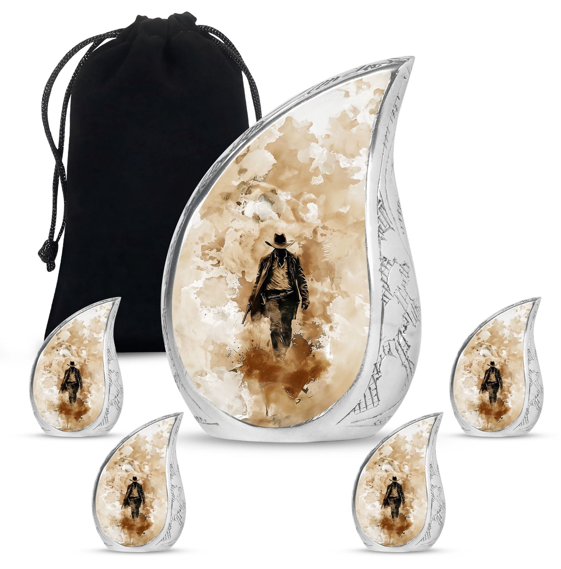 Cowboy Theme Large Urn With 4 Keepsake Urn