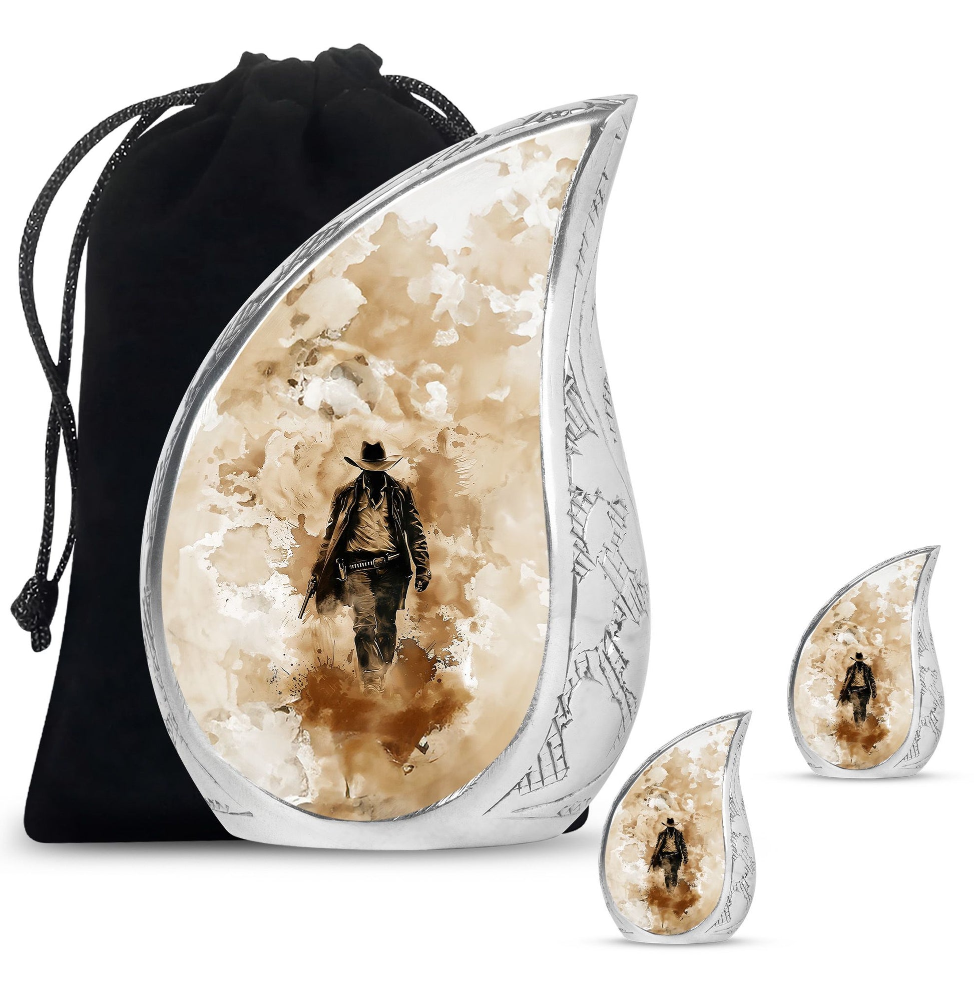 Cowboy Theme Large Urn With 2 Keepsake Urn