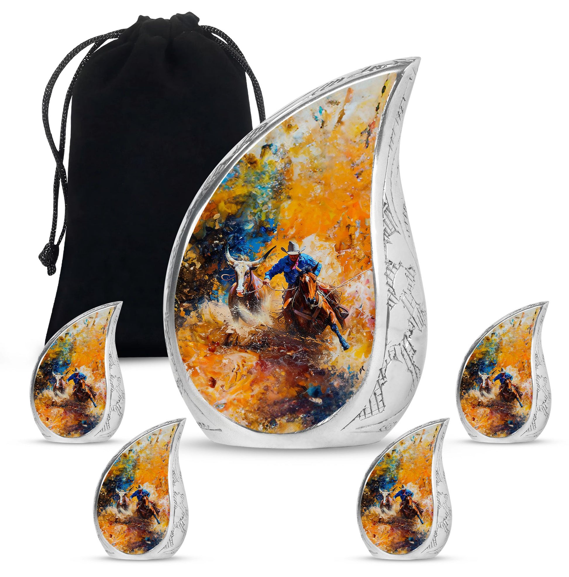 Cowboy Theme Large Urn With 4 Keepsake Urn