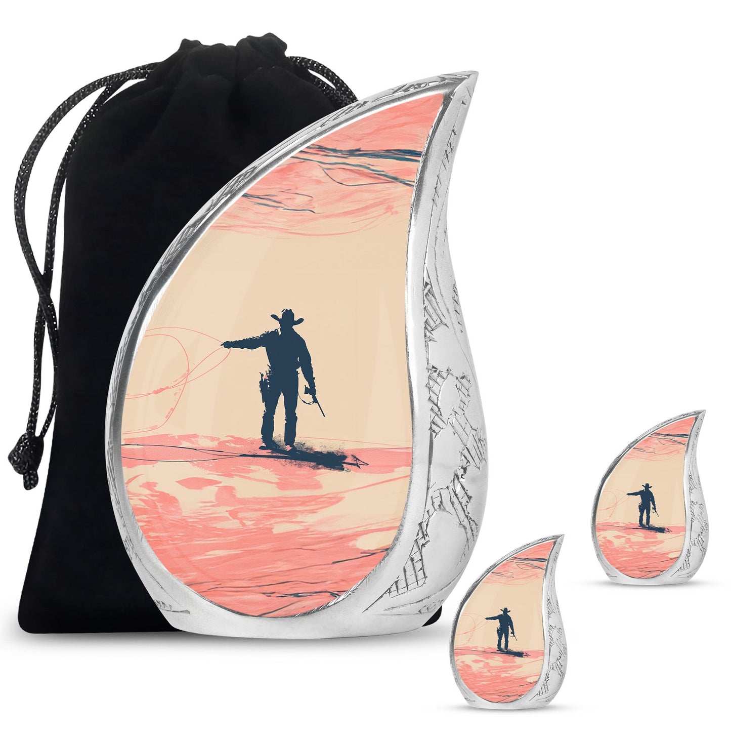 Cowboy Theme Large Urn With 2 Keepsake Urn