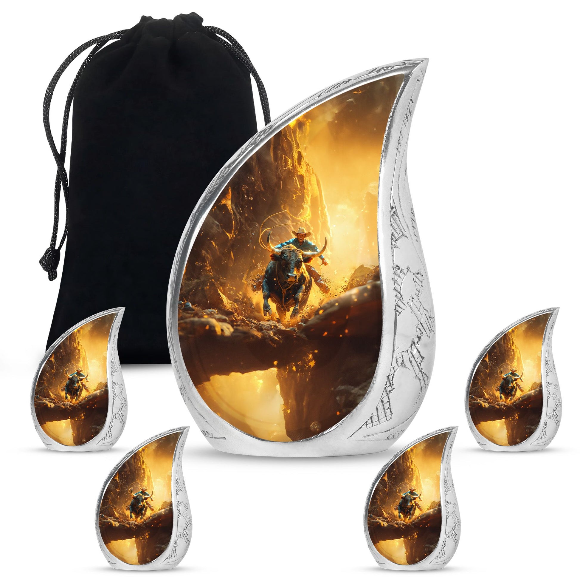 Cowboy Theme Large Urn With 4 Keepsake Urn