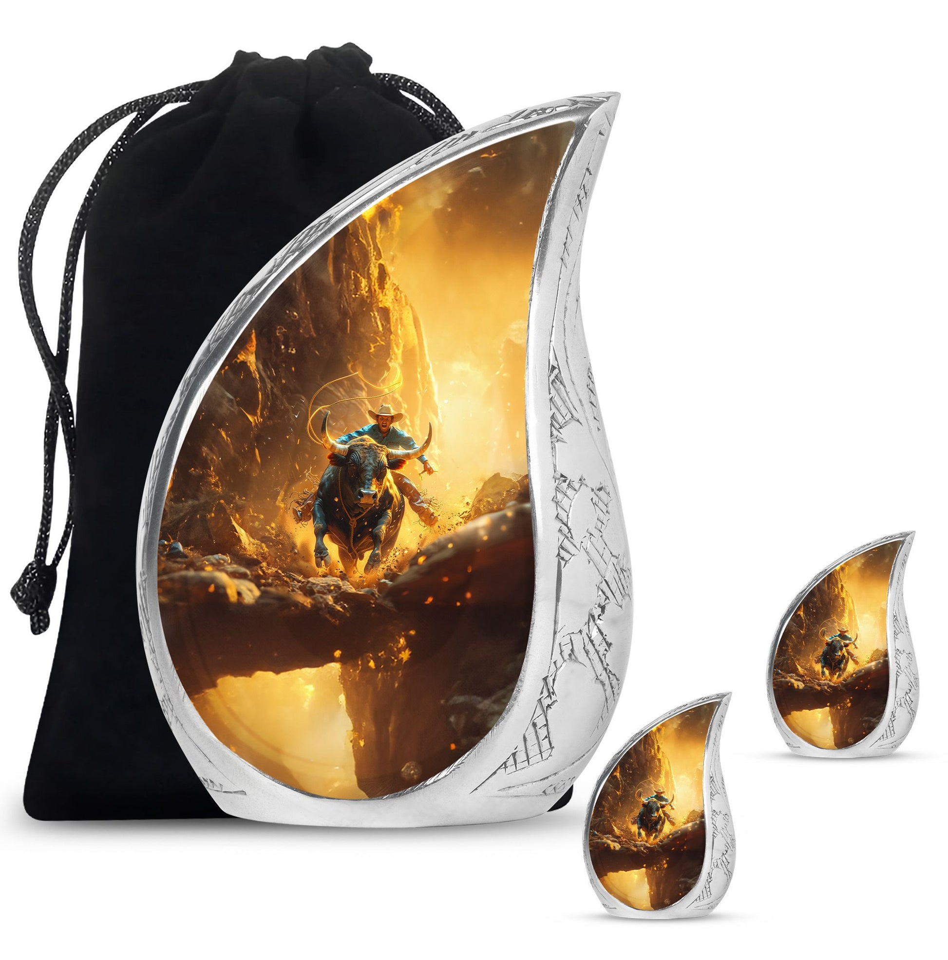 Cowboy Theme Large Urn With 2 Keepsake Urn