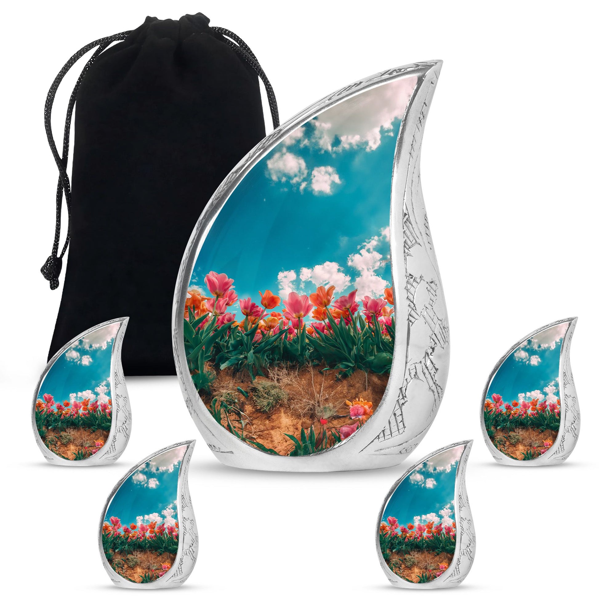 Tulip Theme Large Urn With 4 Keepsake Urn