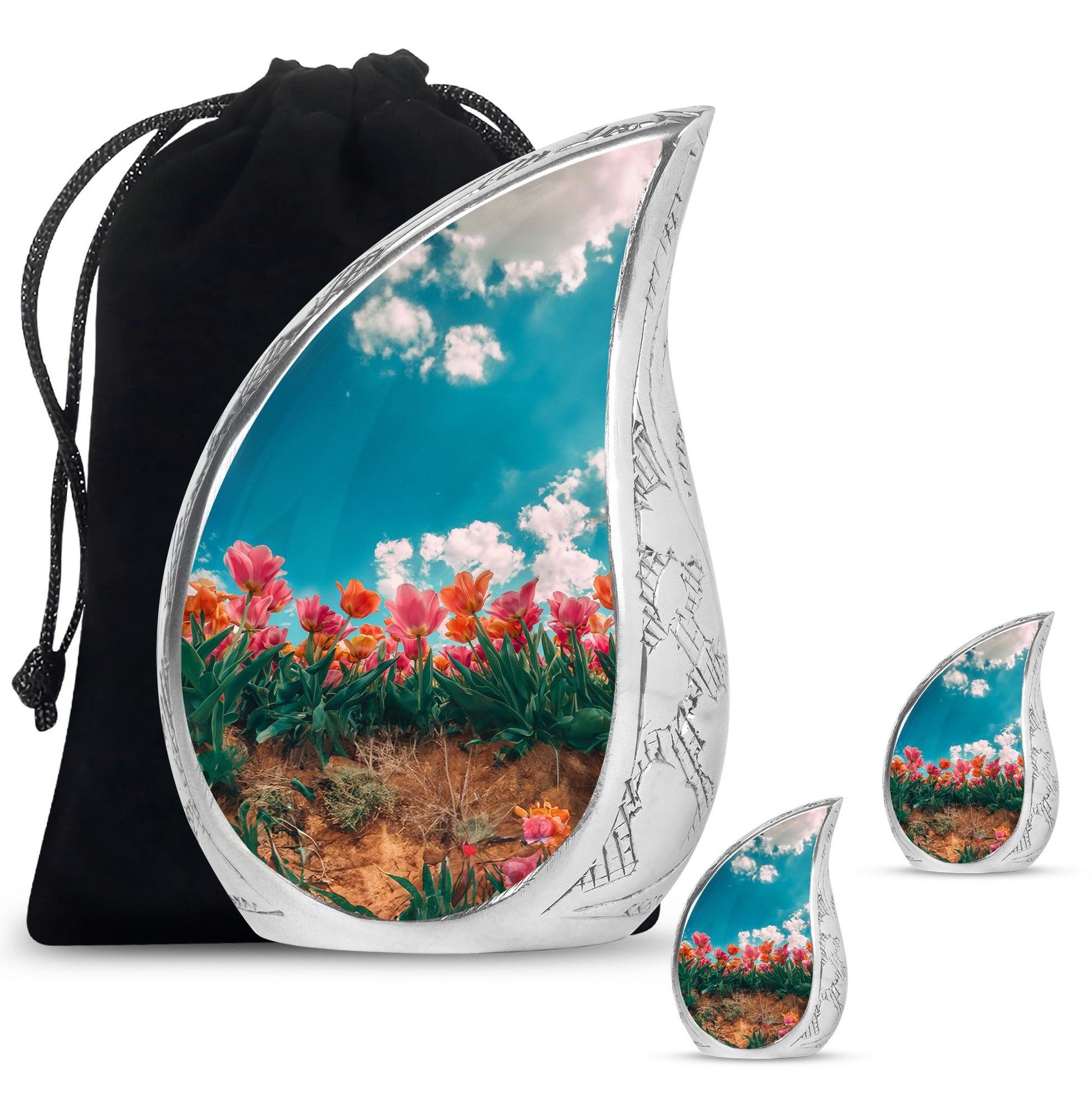 Tulip Theme Large Urn With 2 Keepsake Urn