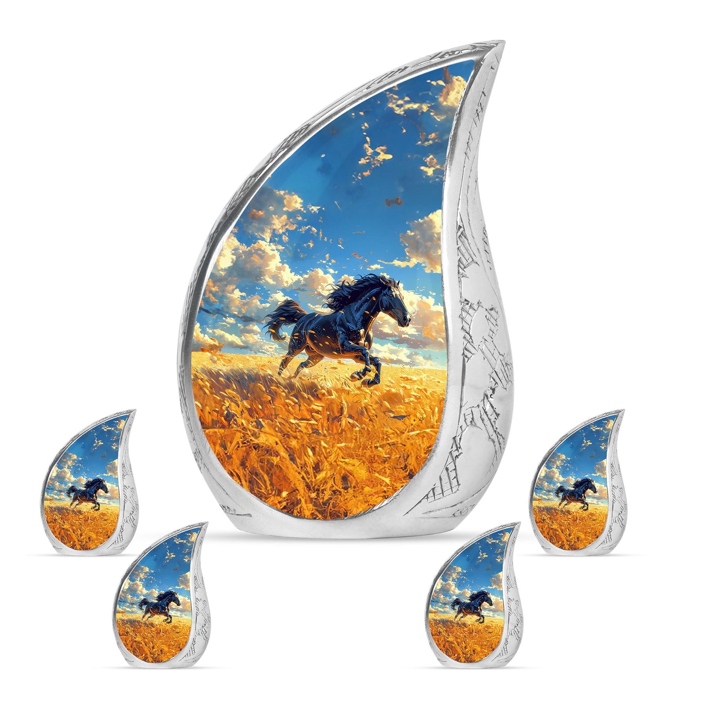 Horse Theme Large Urn With 4 Keepsake Urn