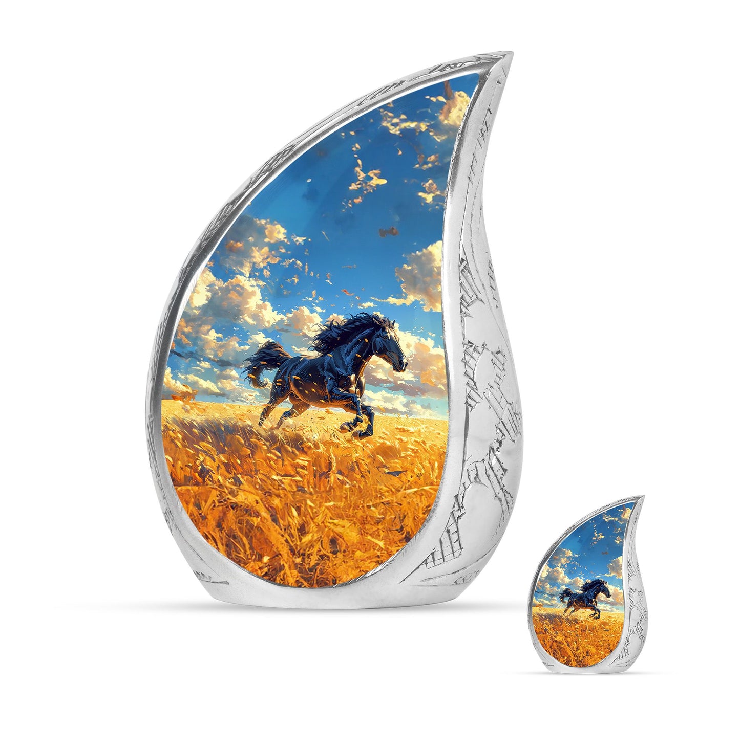 Horse Theme Large Urn With 1 Keepsake Urn