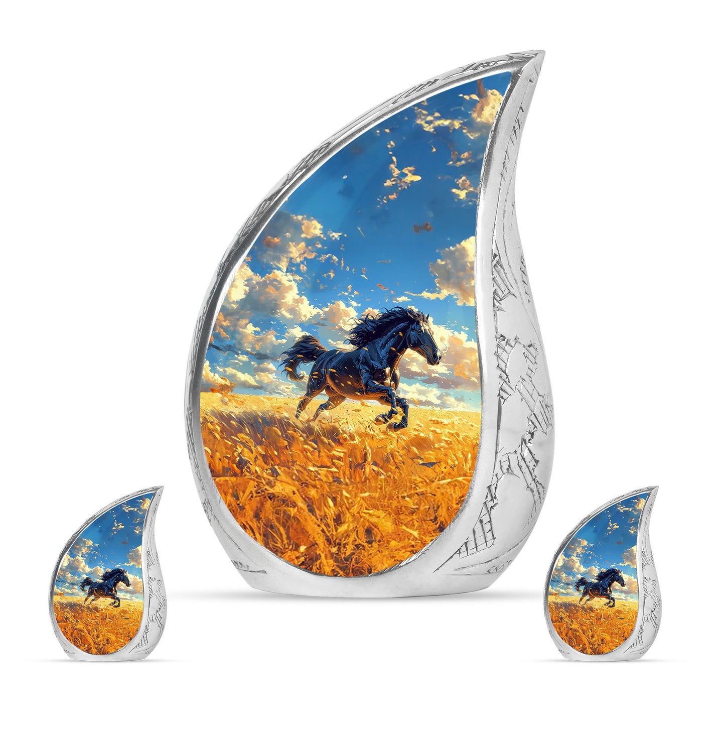 Horse Theme Large Urn With 2 Keepsake Urn