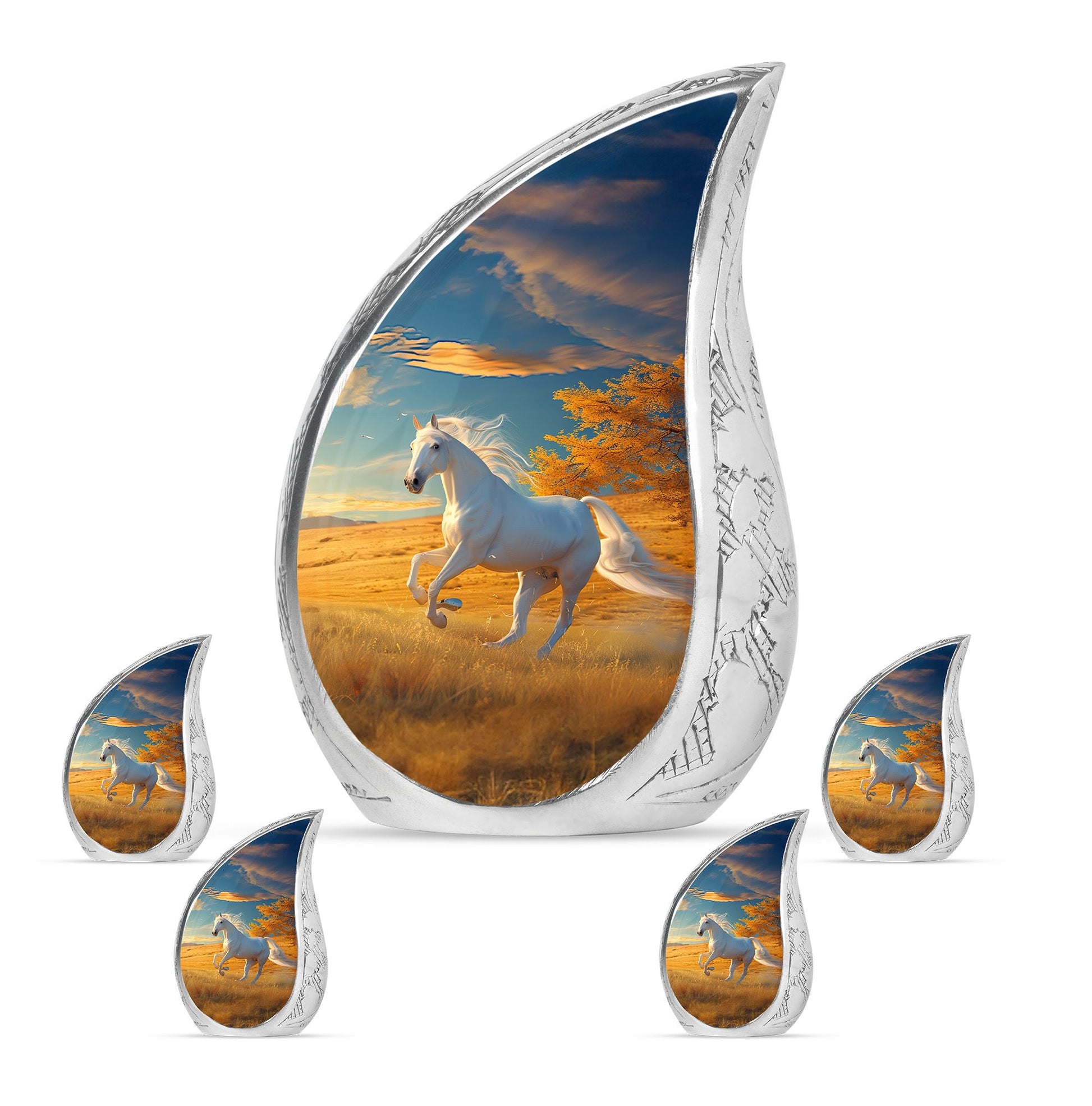 Horse Theme Large Urn With 4 Keepsake Urn