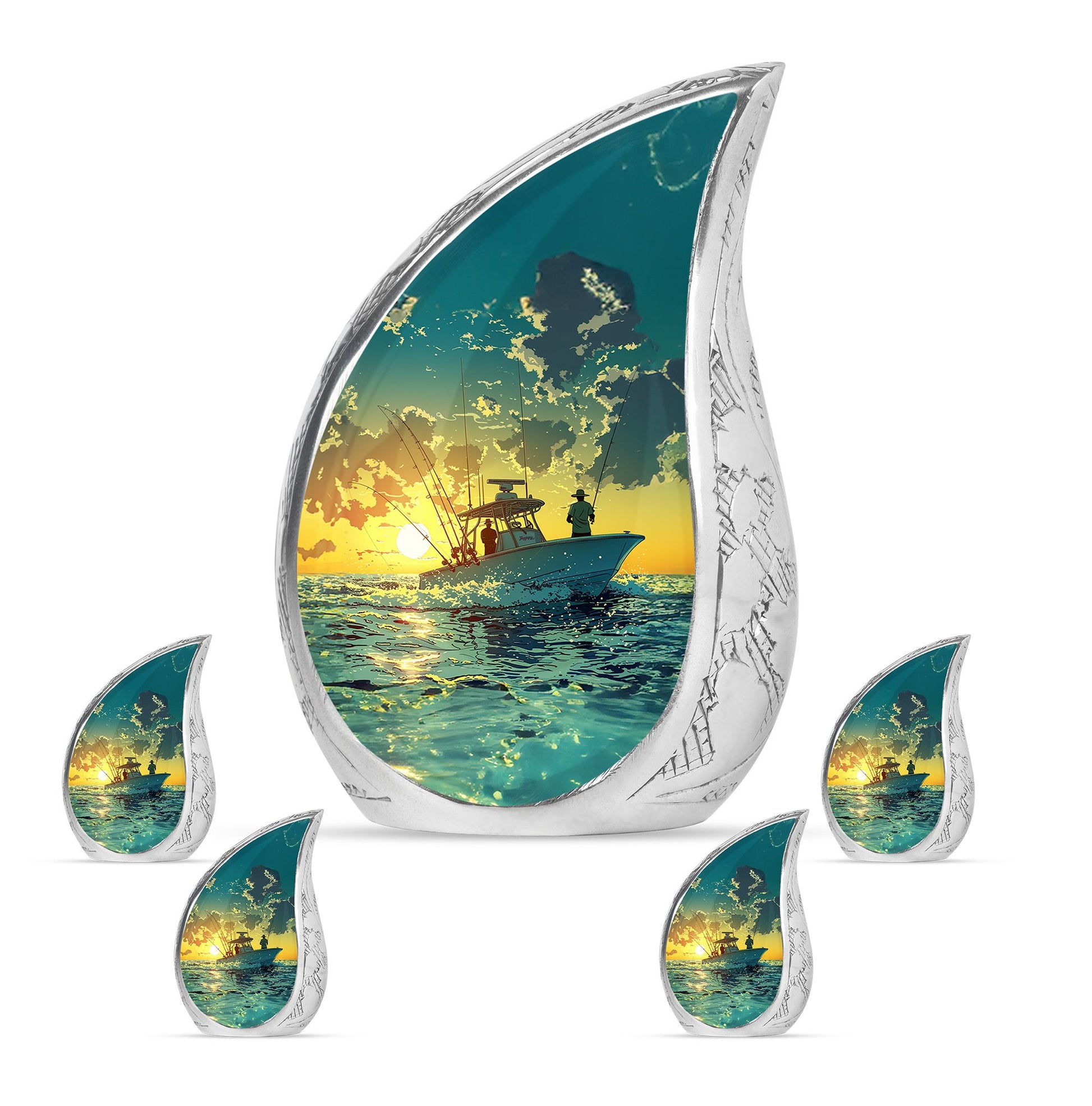 Fishing Theme Large Urn With 4 Keepsake Urn