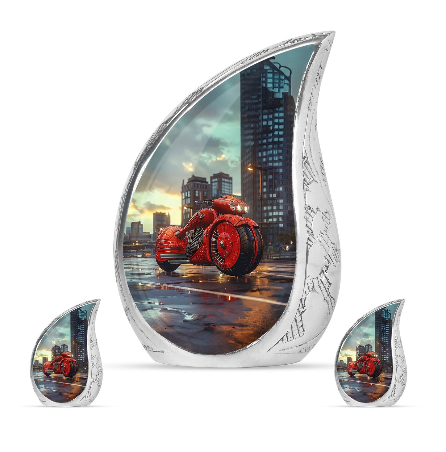 Motorcycle Theme Large Urn With 2 Keepsake Urn