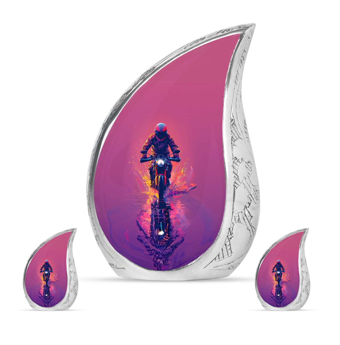 Motorcycle Theme Large Urn With 2 Keepsake Urn