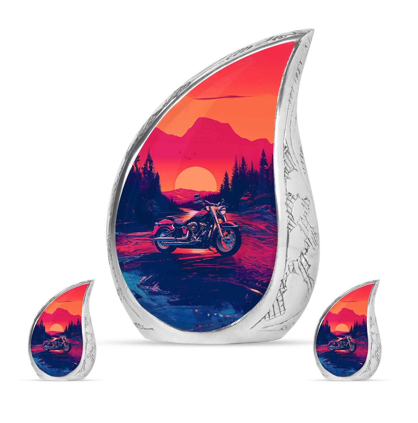 Motorcycle Theme Large Urn With 2 Keepsake Urn