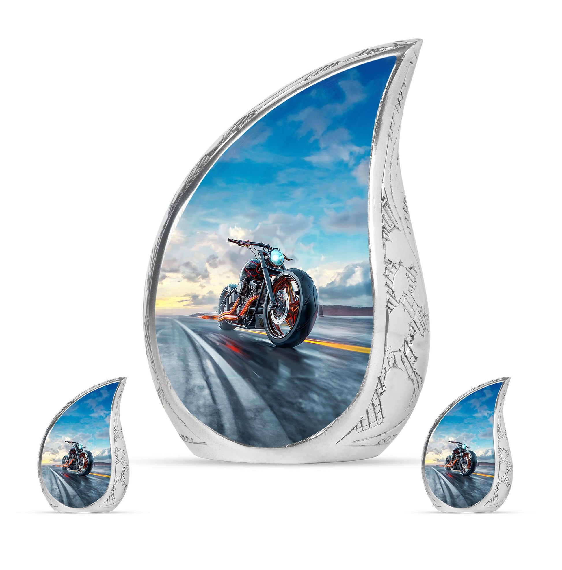 Motorcycle Theme Large Urn With 2 Keepsake Urn