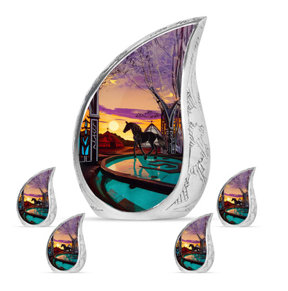 Horse Theme Large Urn With 4 Keepsake Urn