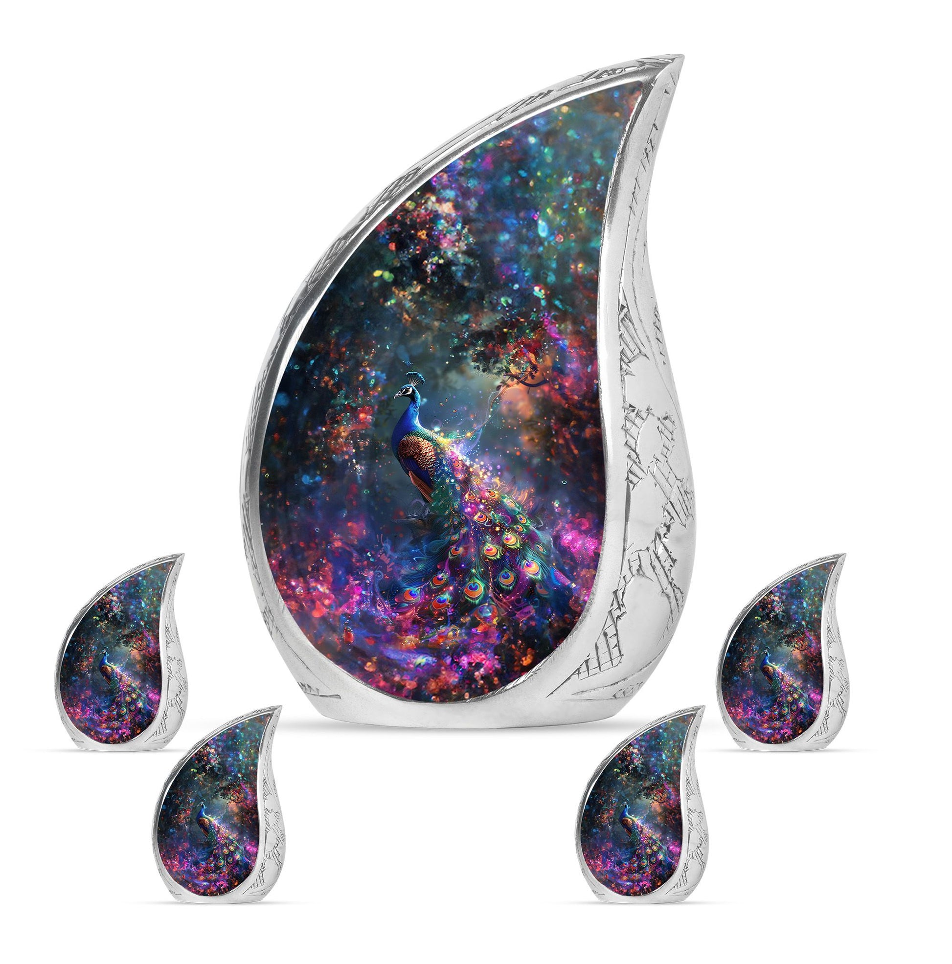 Peacock Theme Large Urn With 4 Keepsake Urn