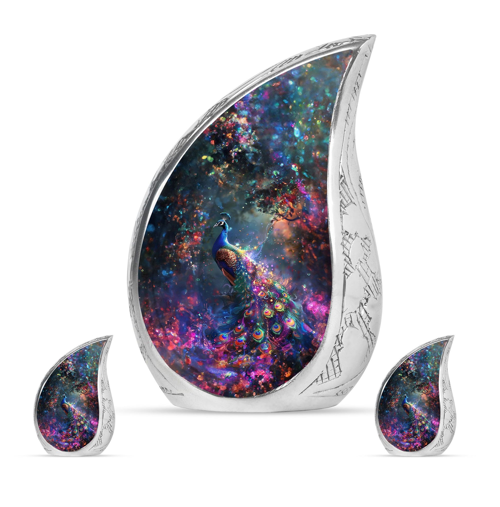 Peacock Theme Large Urn With 2 Keepsake Urn